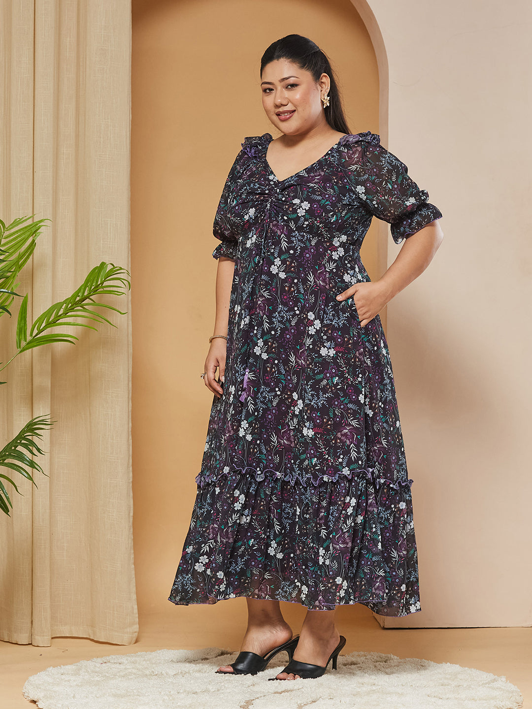 Multicolored-Base-Black Sweetheart-Neck Puffed-Sleeves Floral Ruching Georgette Maxi Dress for Women