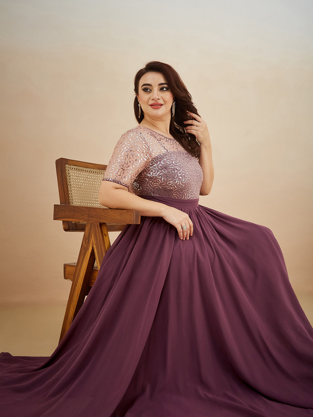 Mauve Relaxed Fit Maxi Georgette & Sequins Dress for Women