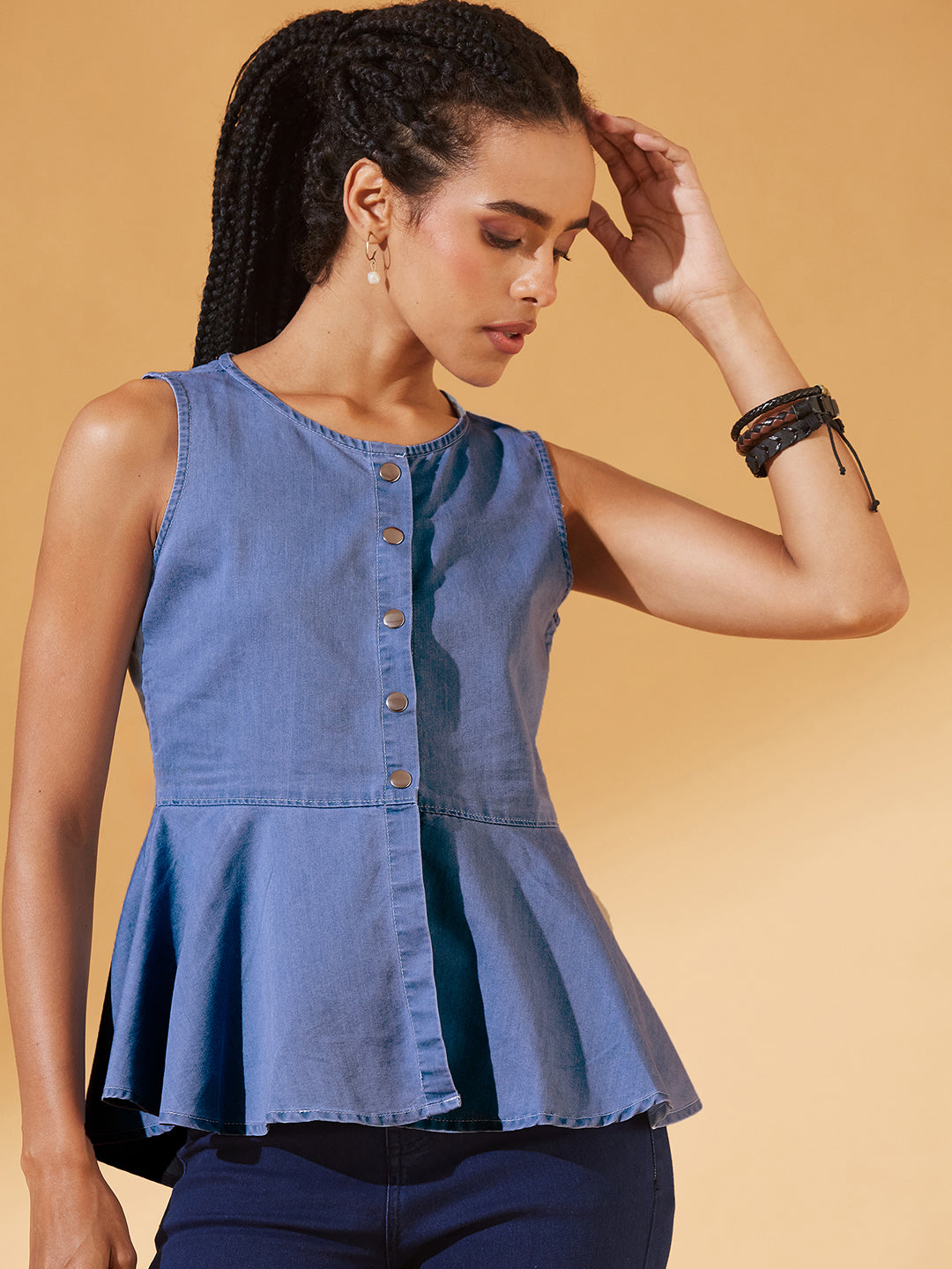 Blue Round Neck Sleeveless Denim Front Open Solid Hooded Peplum Top for Women