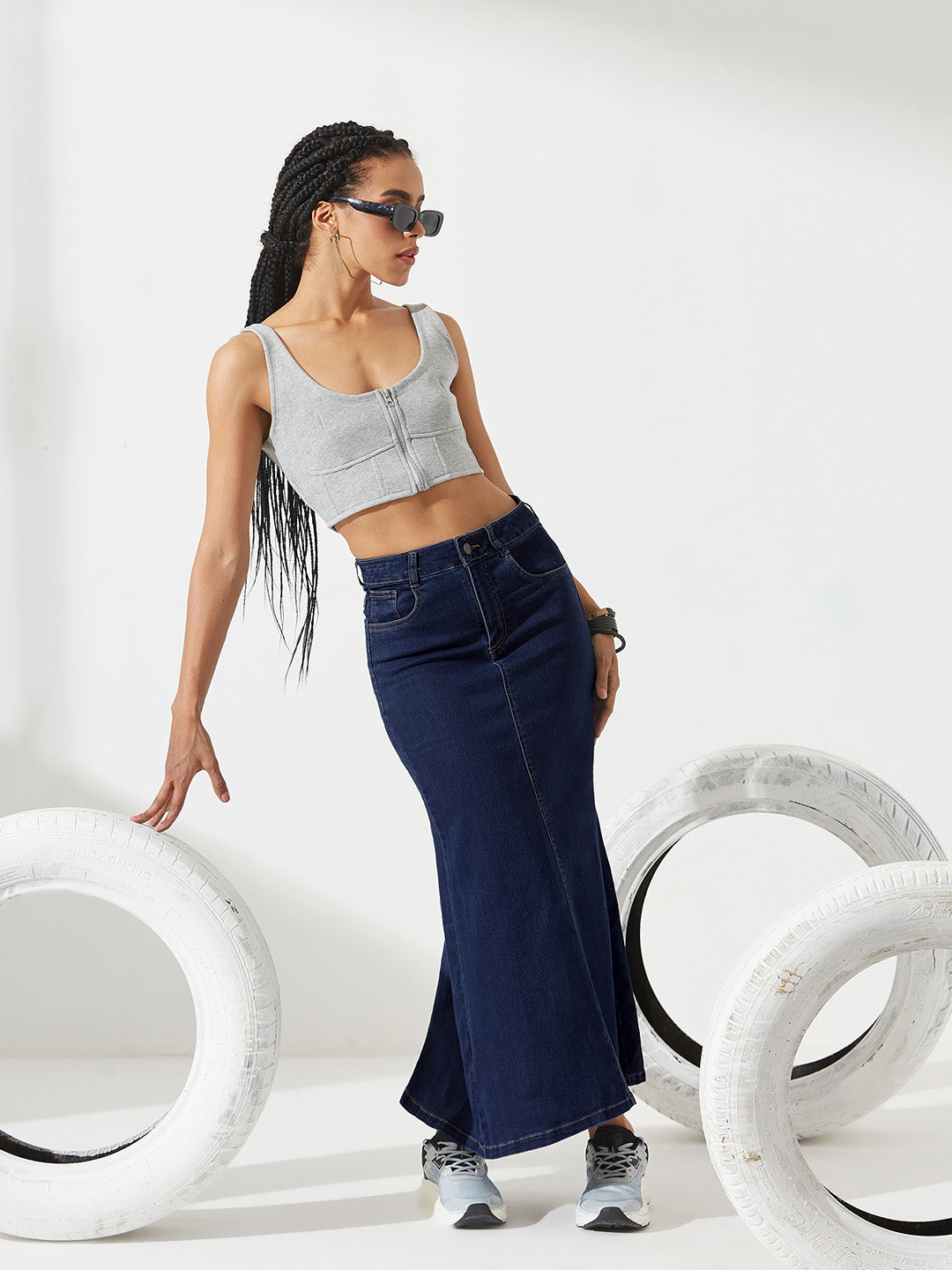 Dark Blue Flared High-Rise Clean-Look Stretchable Denim Maxi Skirt for Women