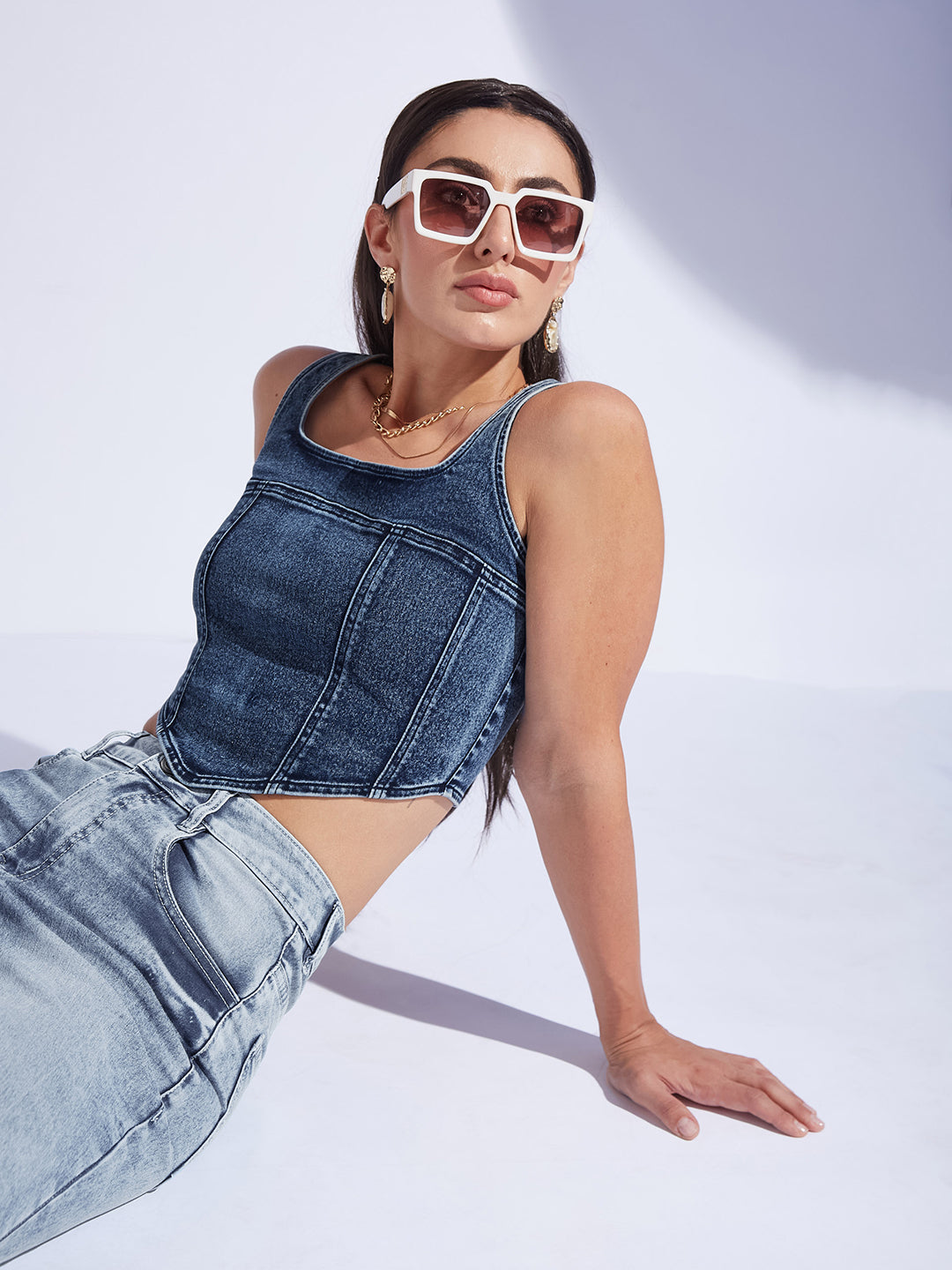 Women's Navy Blue Square Neck Sleeveless Zipper Corset Denim Crop Top