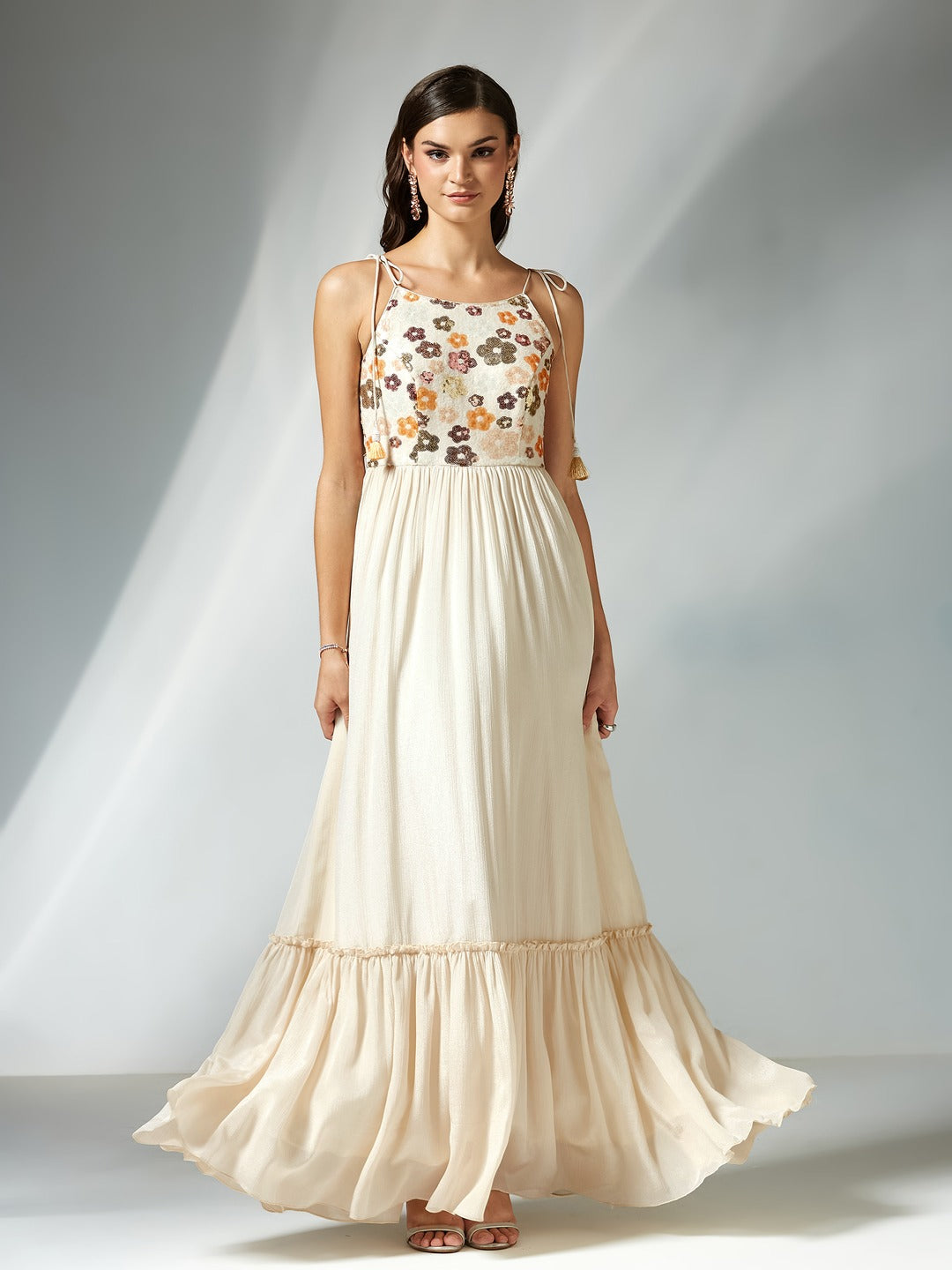 Cream Floral Printed Sleeveless Maxi Dress for Women