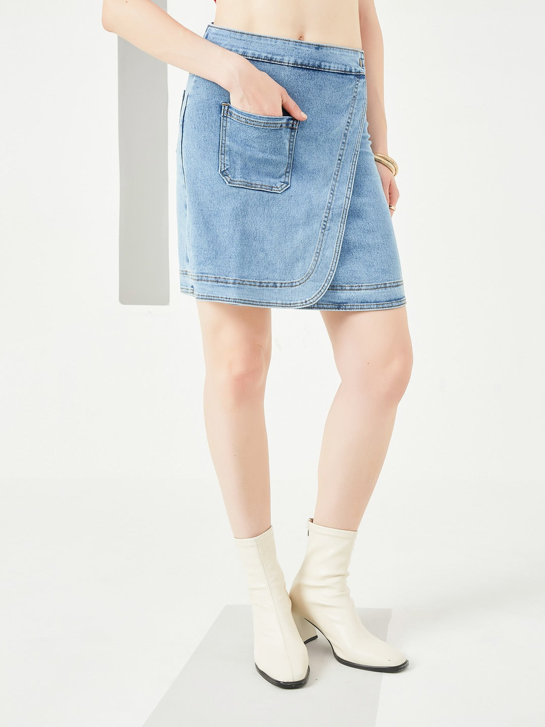 Light Blue Regular high-rise Above Knee Stretchable Denim Skirt for Women