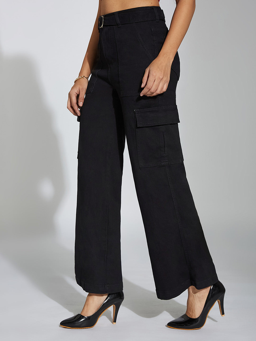 Women's Black Wide leg High rise Clean look Regular Stretchable Denim Jeans