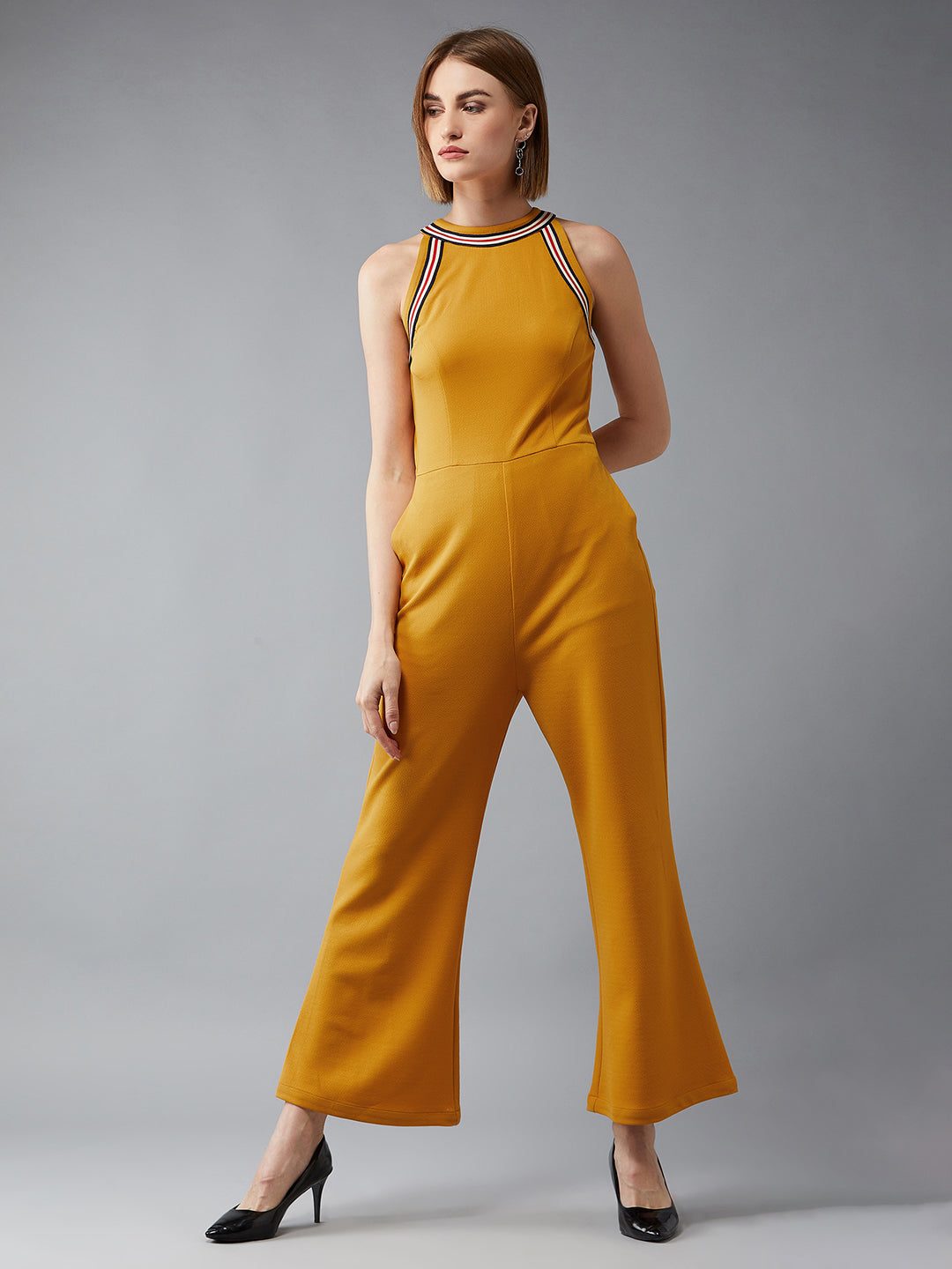 Women's Mustard Yellow Halter Neck Sleeveless Polyknitted Solid Straight Leg Regular Length Jumpsuit
