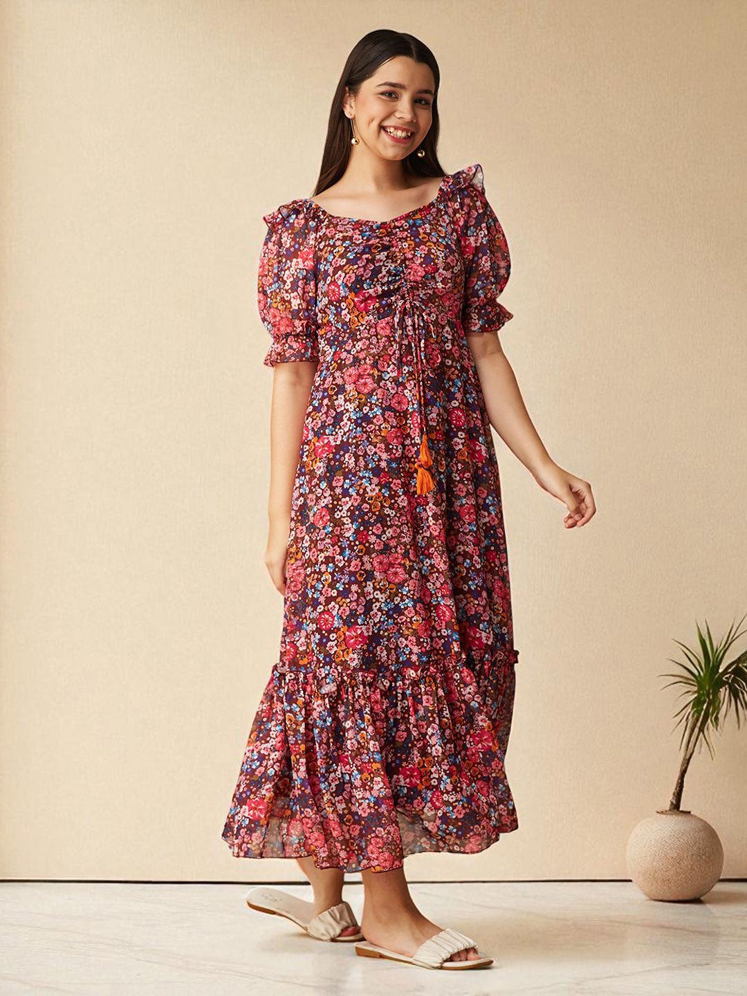 Multicolored-Base-Wine V-Neck Puff Sleeve Floral Ruching Ankle-Length Dress for Girls/Teenagers