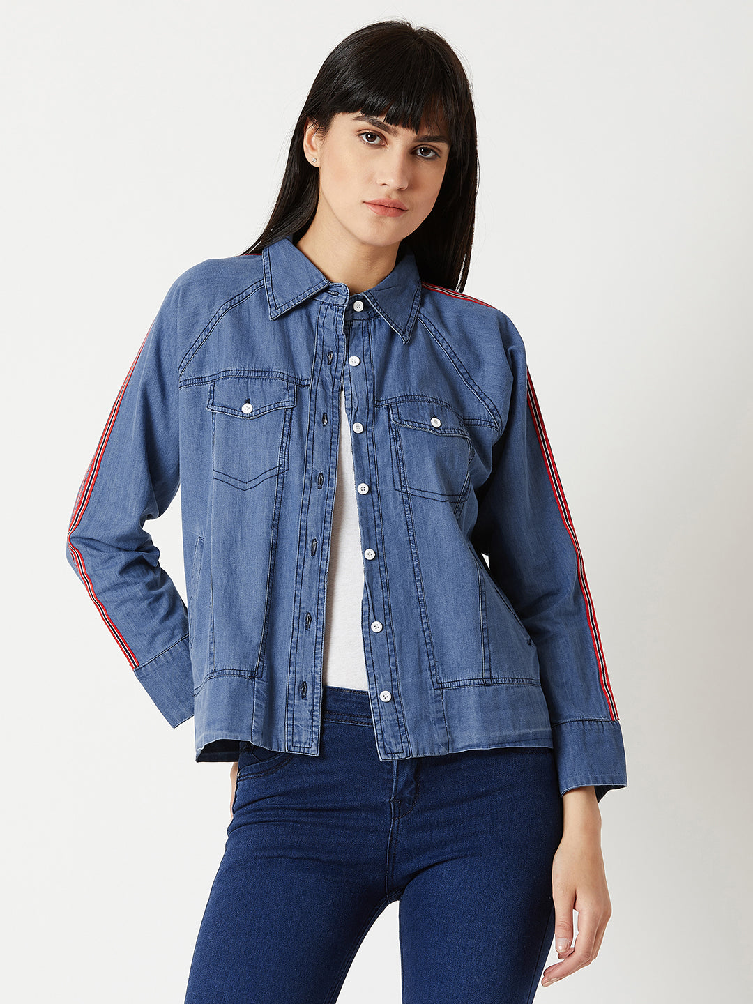 Women's Blue Polo Neck Full Sleeve Twill Tape Detailing Solid Buttoned Bomber Denim Jacket