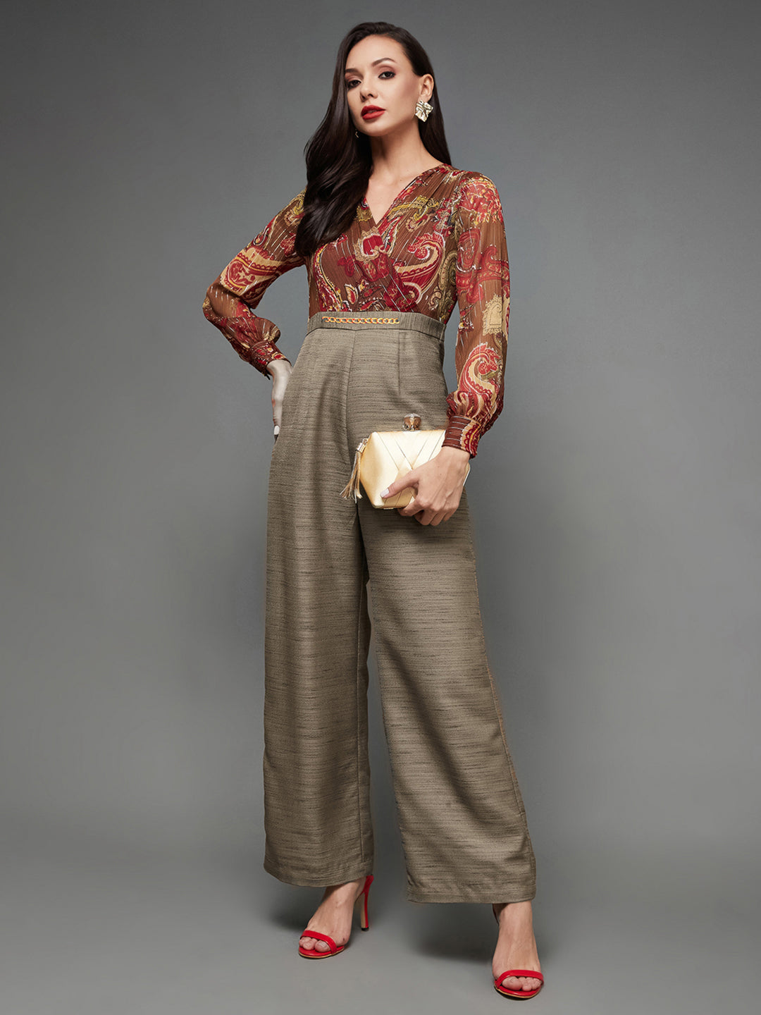 Women's Multicolored V-Neck Bishop Sleeve Bohemian Straight Leg Wrap Silk Jumpsuit