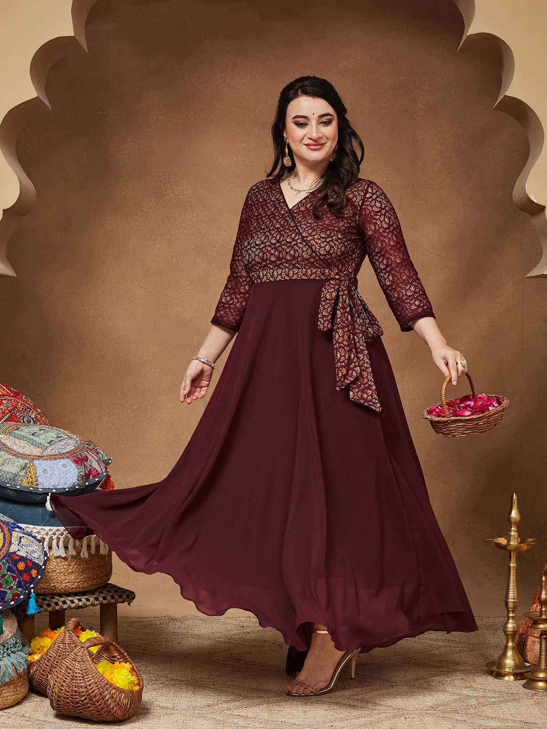 Wine V-Neck 3/4 Sleeve Floral Wrap Georgette Maxi Dress for Women