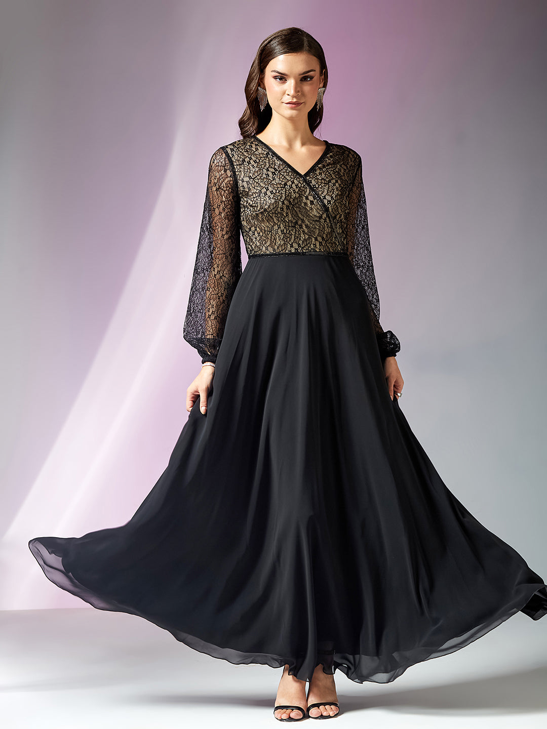 Black Lace Self-Design Georgette Fit & Flare Maxi Dress with Balloon Sleeves for Women