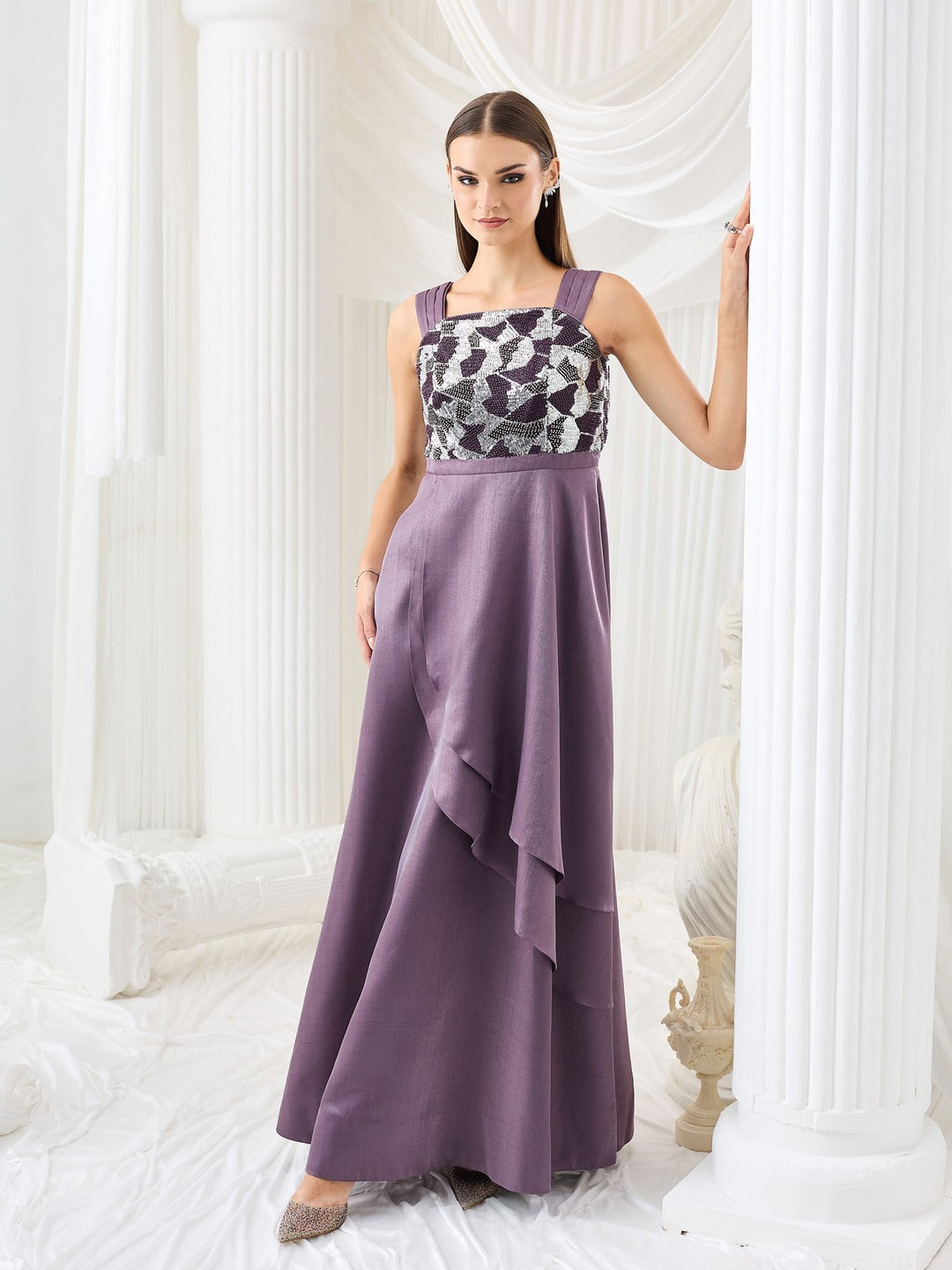 Dusty Purple Square Neck Gown in Layered Embellished Satin for Women