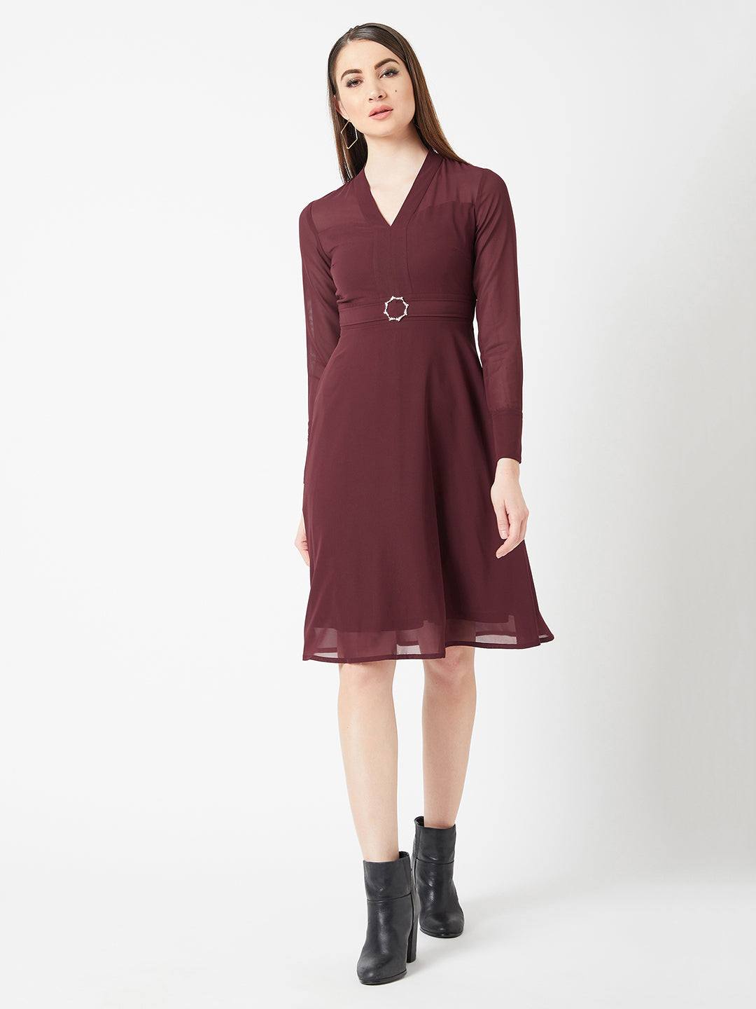 Women's Wine Red V-Neck Full Sleeve Solid Fit & Flare Midi Dress