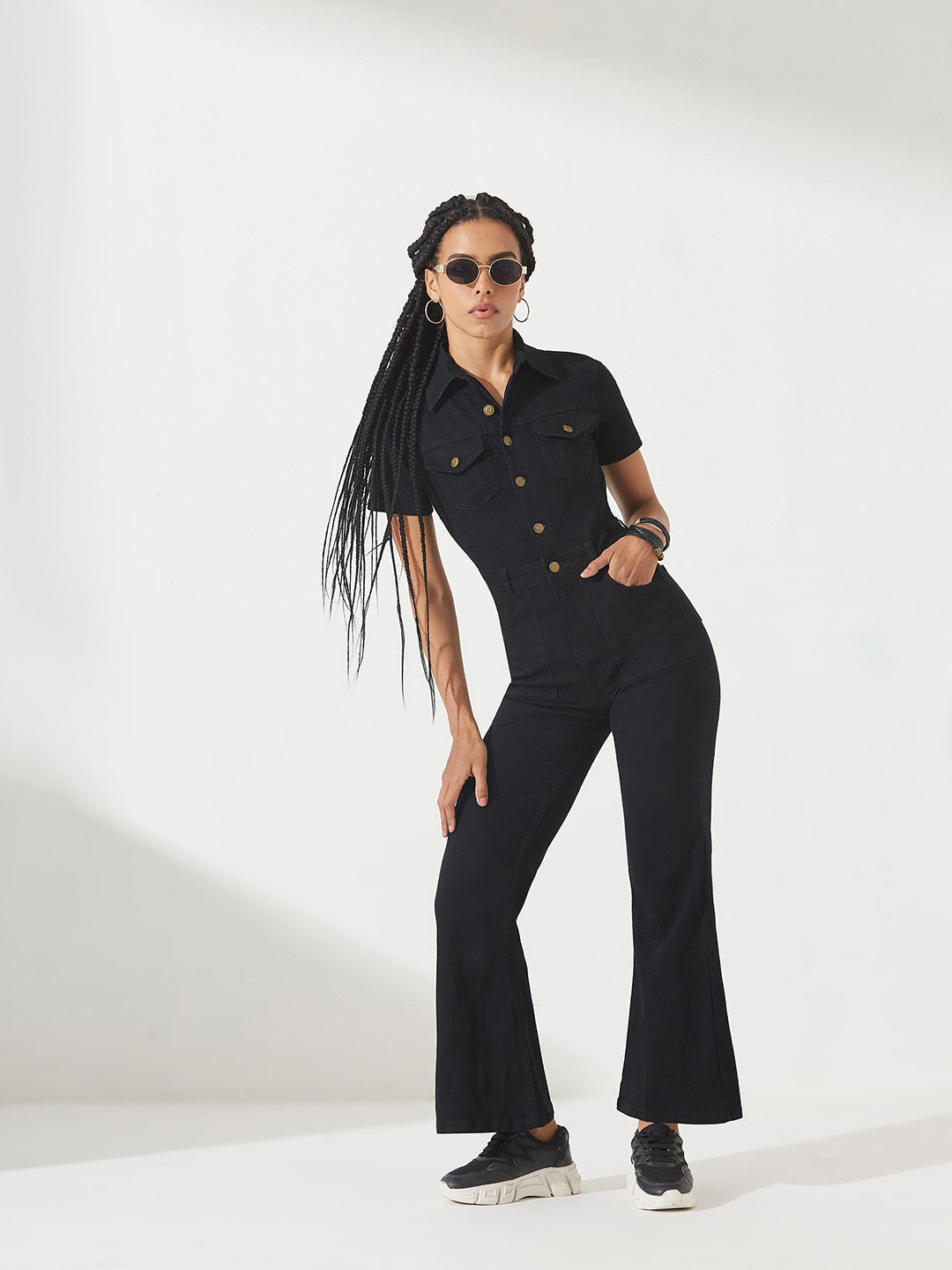 Black Flared High-Rise Stretchable Denim Jumpsuit for Women — Dolce Crudo