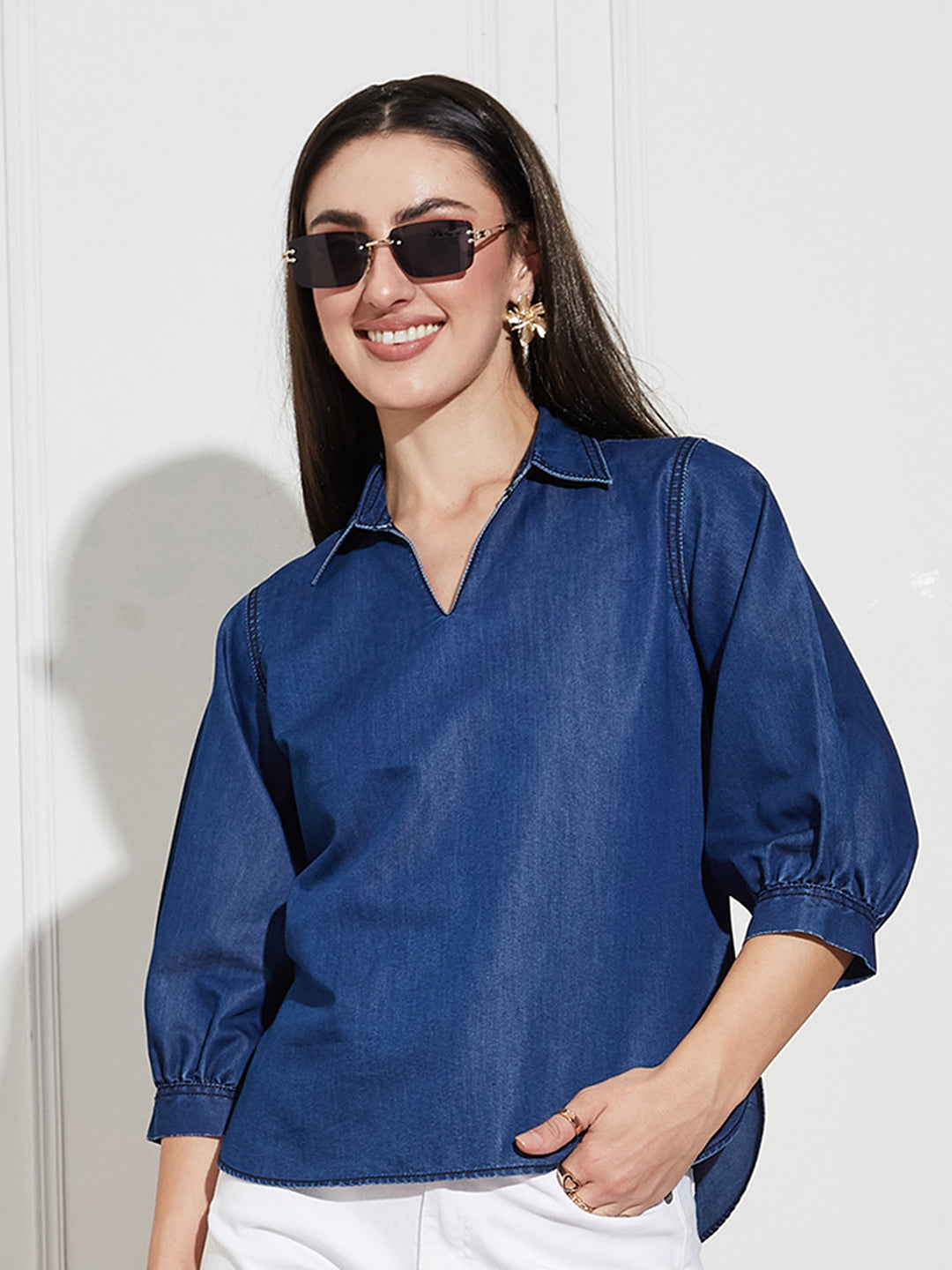 Dark Blue Collar-Neck Puff-Sleeve Solid-Colored Light Weight Denim Tunic Top For Women