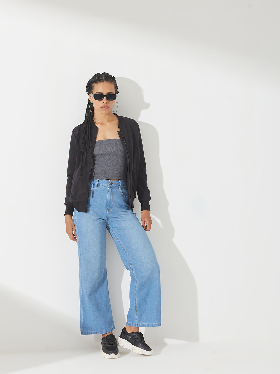 Black Collared Full-Sleeves Solid Bomber Ribbed Jacket for Women