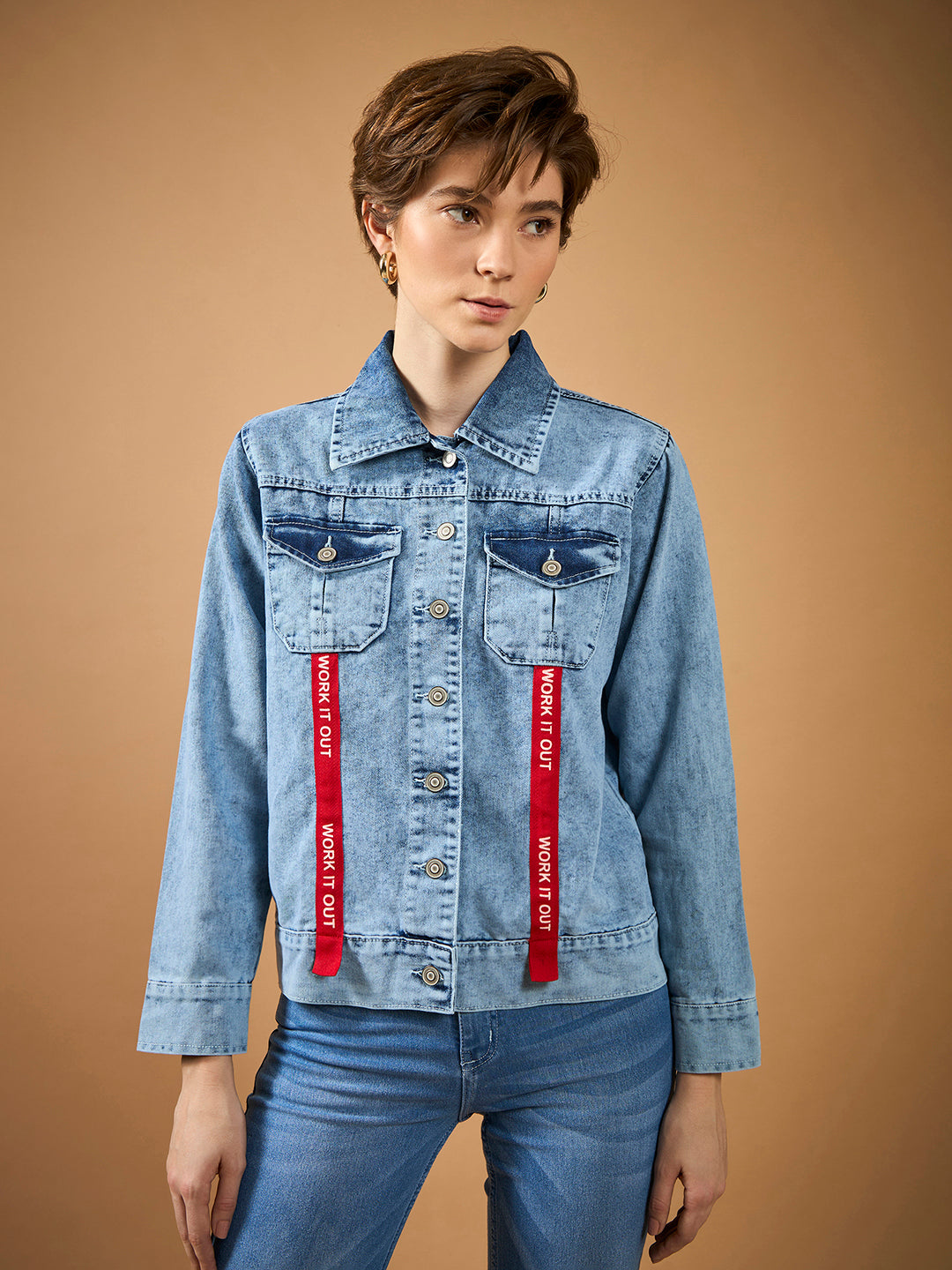 Women's Light Blue Collared Full Sleeve Buttoned Twill Tape Detailing Solid Denim Jacket
