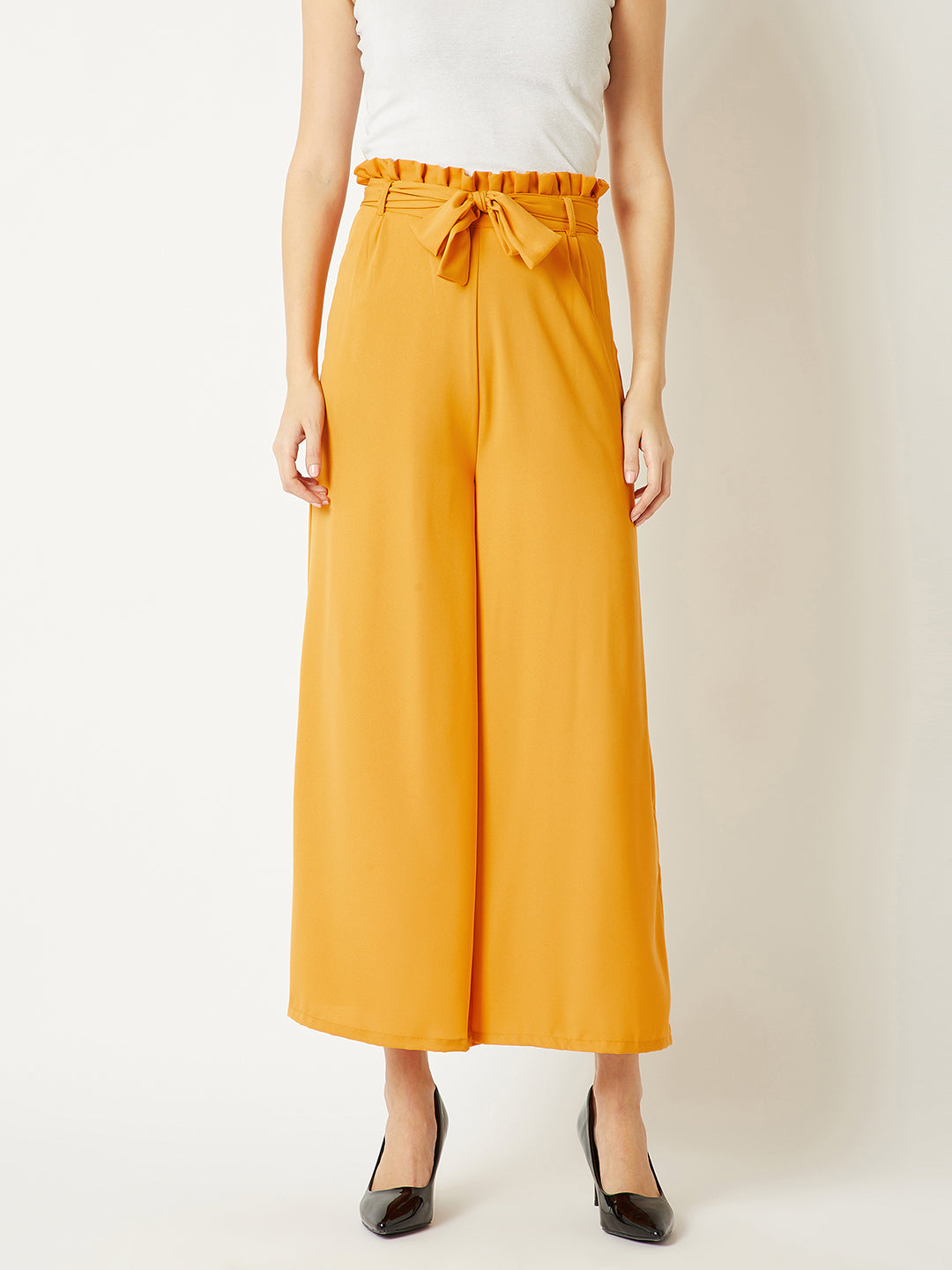 Women's Yellow Solid Regular Length Pleated Wide Leg Paper bag Flare Trouser