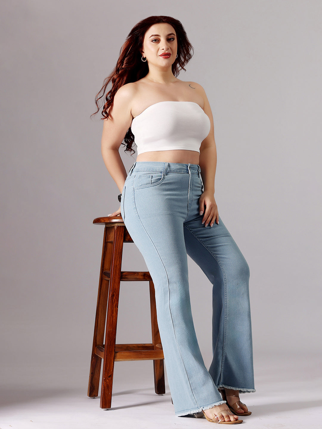 Women's Light Blue Bootcut High-Rise Clean-Look Cropped Stretchable Denim Jeans
