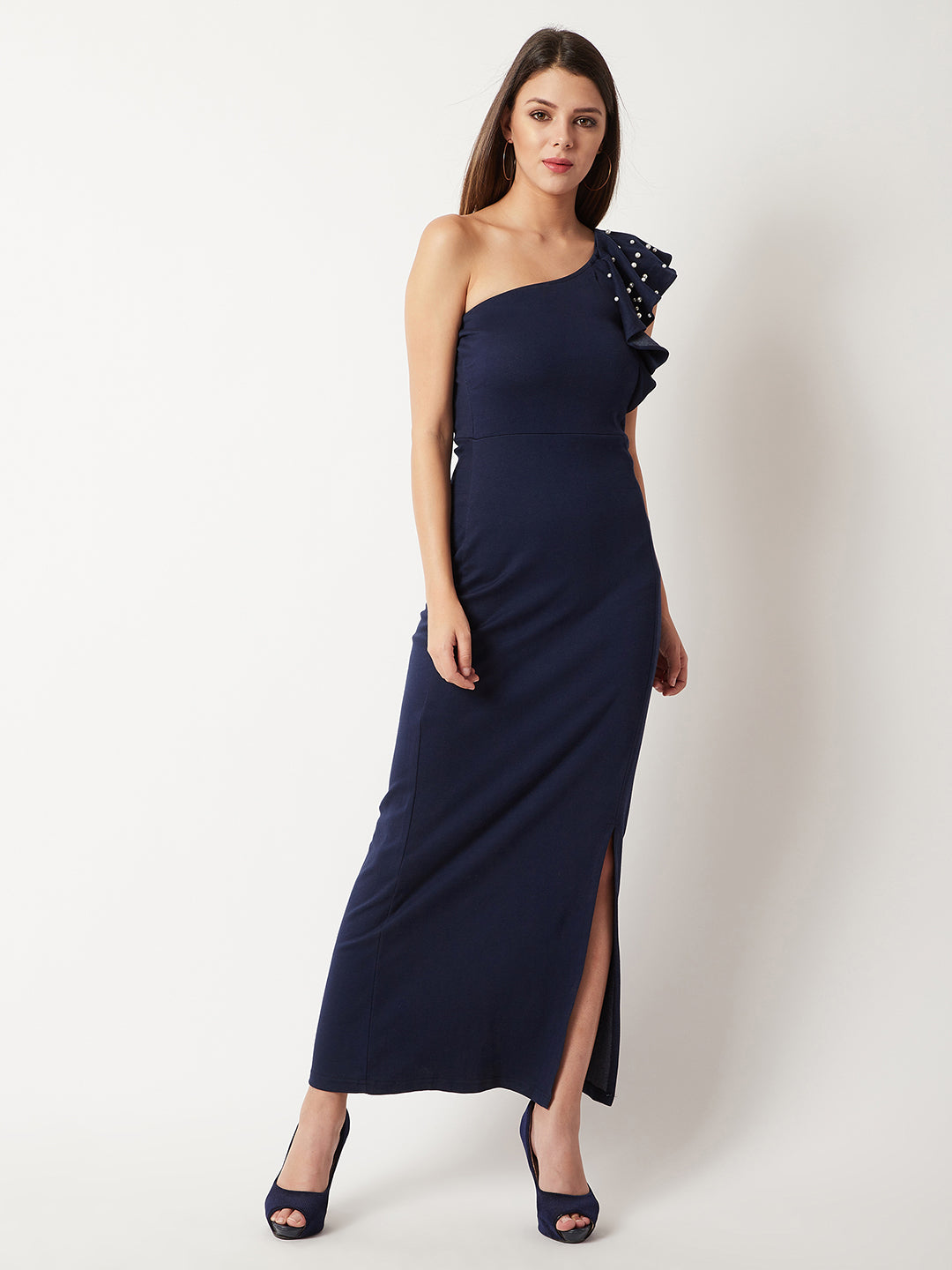 Women's Navy Blue One-Shoulder Sleeveless Cotton Solid Ruffled Pearl And Slit Detailing Maxi Bodycon Dress