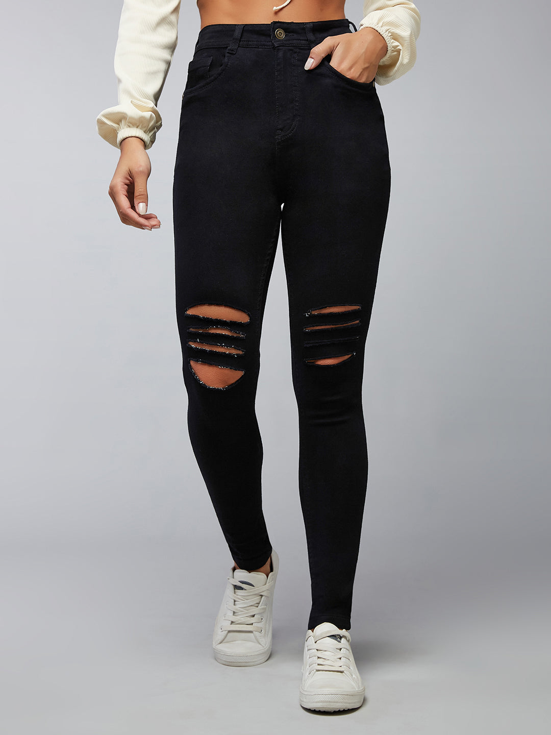 Women's Black Slim Fit High Rise Regular Length Mild Distressed Ripped Denim Stretchable Jeans