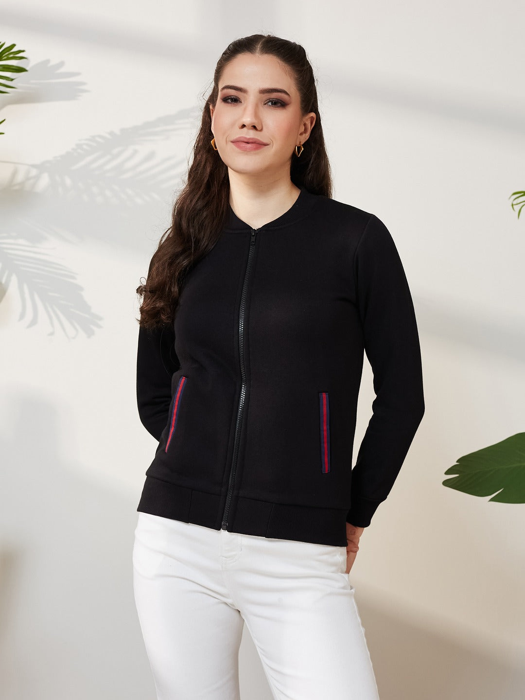 Black Round Neck Full Sleeve Cotton Solid Multicolored Twill Tape Detailing Bomber Jacket for Women