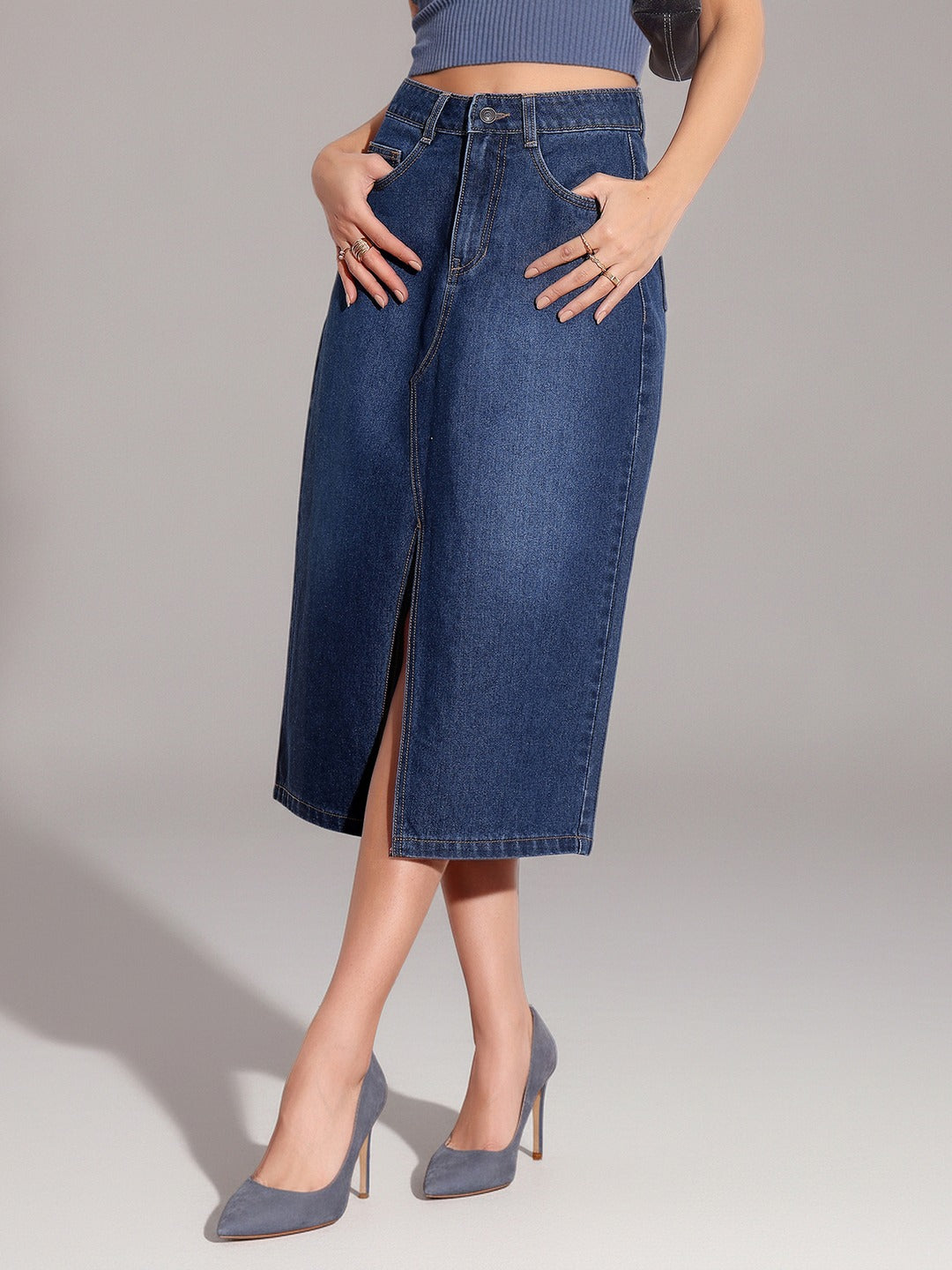 Dark Blue A-Line High-Rise Non-stretchable Denim Midi Skirt for Women