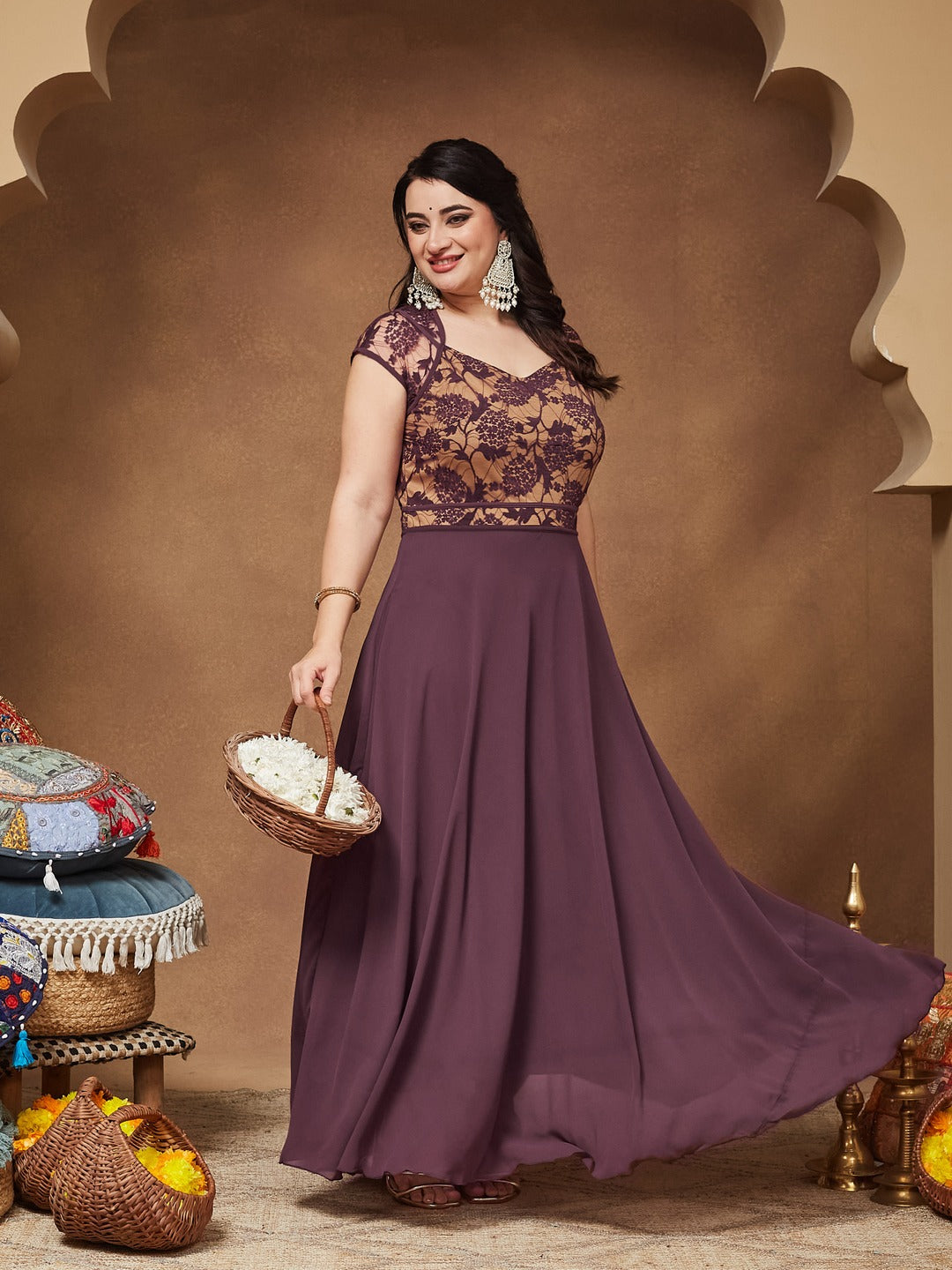 Mauve Sweetheart-Neck Raglan-Sleeve Self-Designed Fit & Flare Georgette Maxi Dress for Women