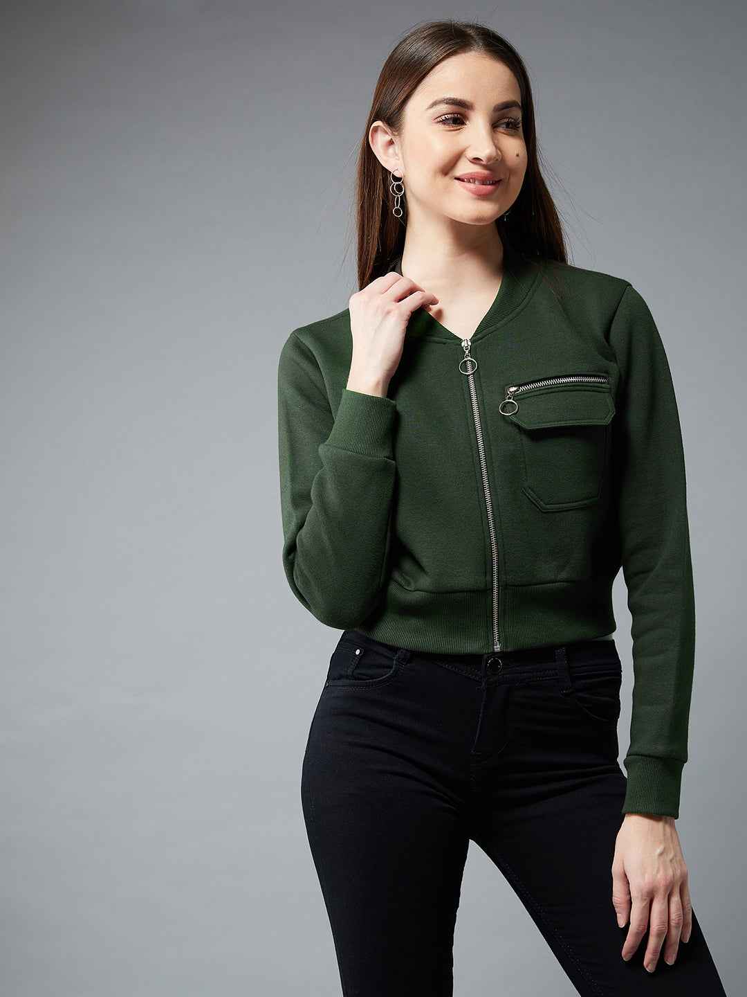 Women's Green Stand Collar Full Sleeves Cotton Boxy/Bomber Cropped Jacket