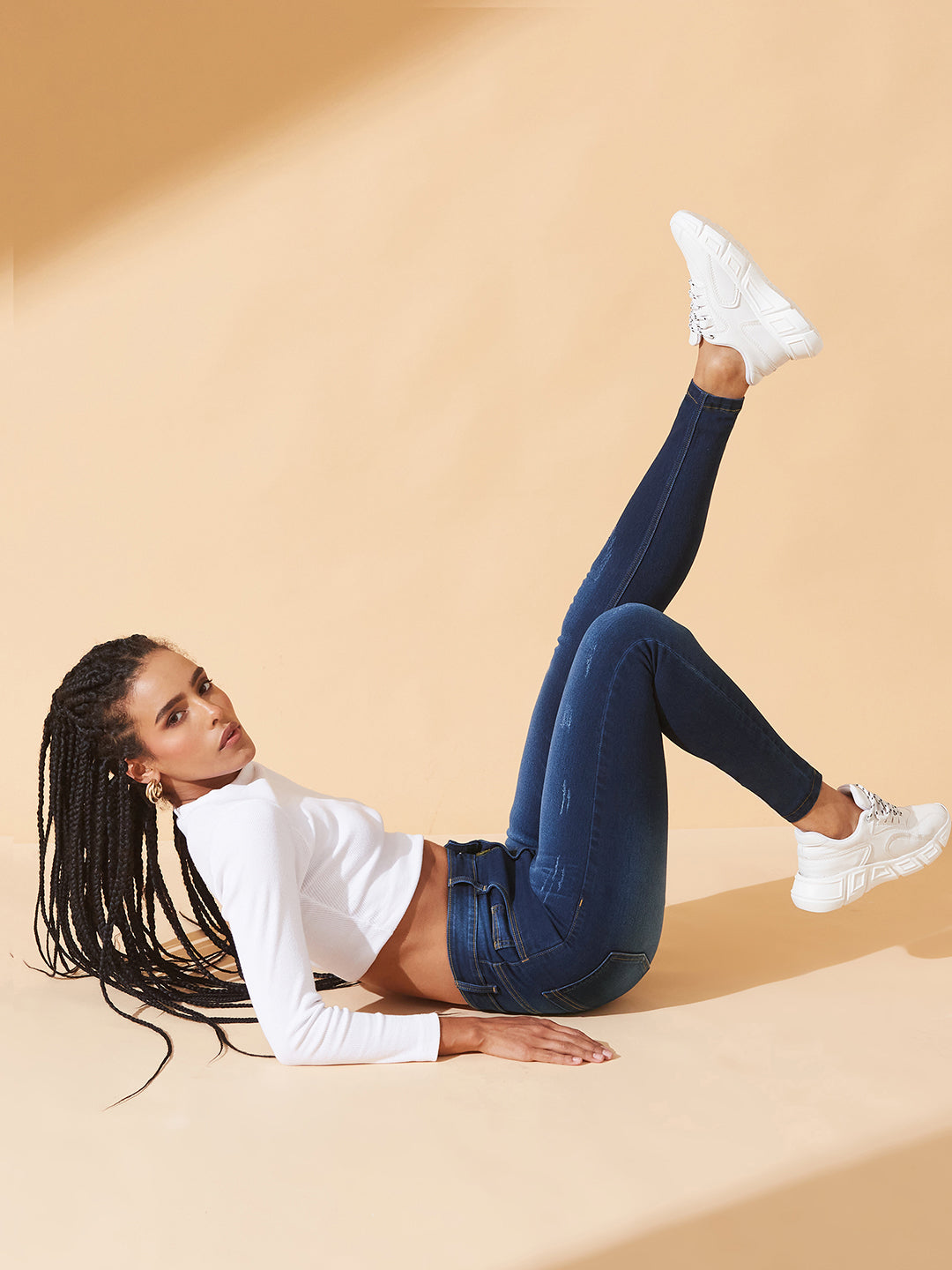 High-Rise Navy Blue Skinny Jeans with Mild Distress, Whiskering & Cat Scratch Detailing For Women