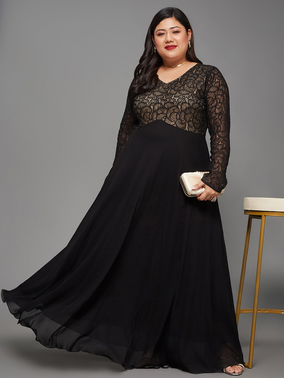 Black V-Neck Full Sleeve Self Design Lace-Overlaid Georgette Maxi Dress for Women