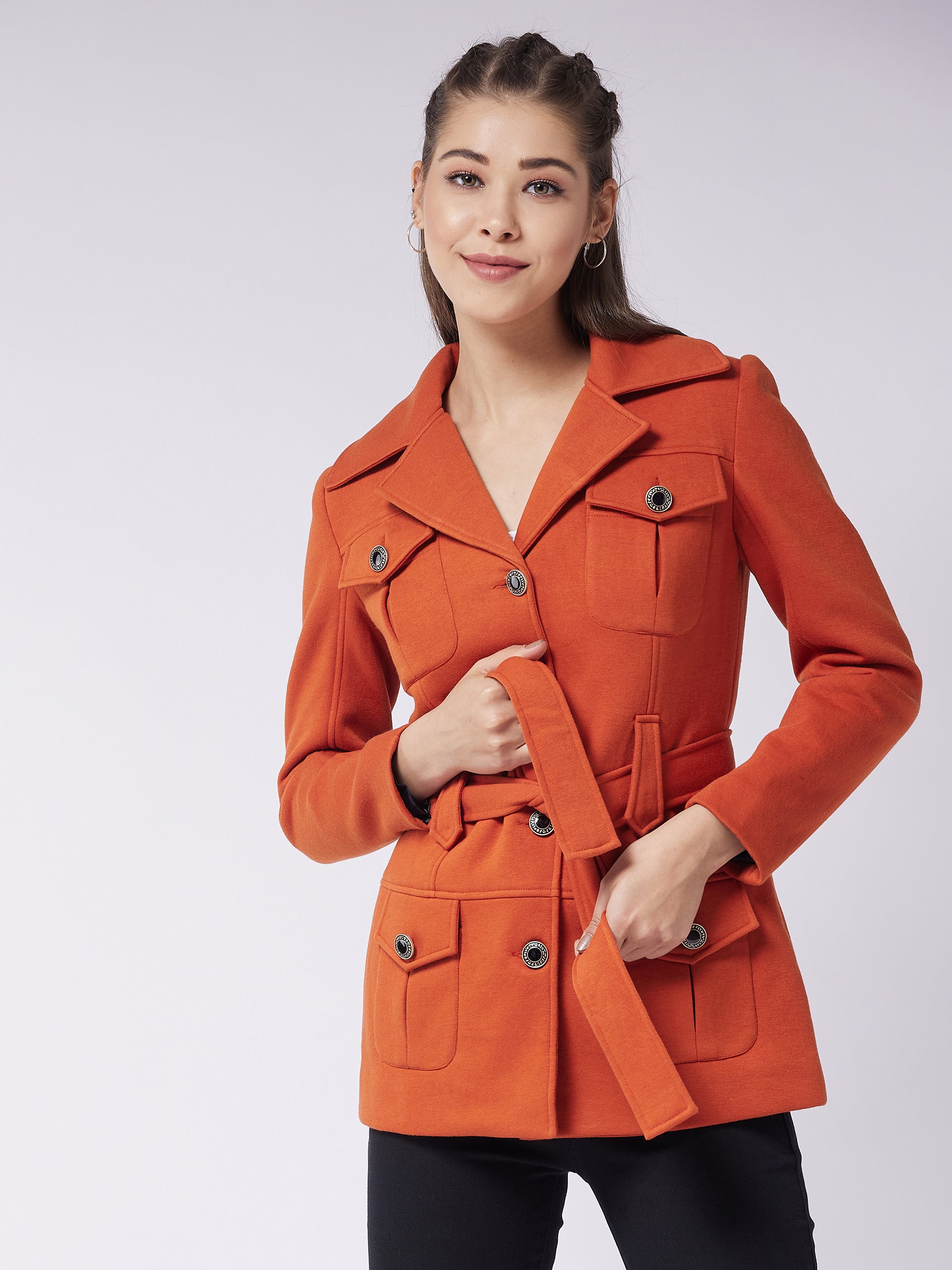 Women's Rust Notch Collar Full Sleeve Solid Safari Longline Jacket