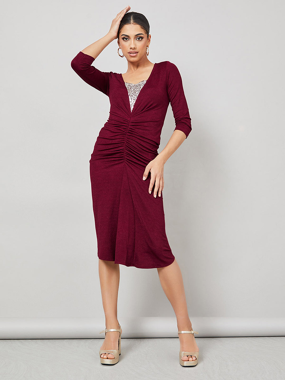 Women's Maroon & Golden Embellished Sheath Midi Dress