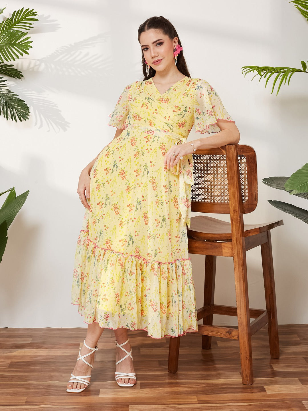 Yellow V Neck Flared Sleeve Floral Wrap Maxi Dress for Women
