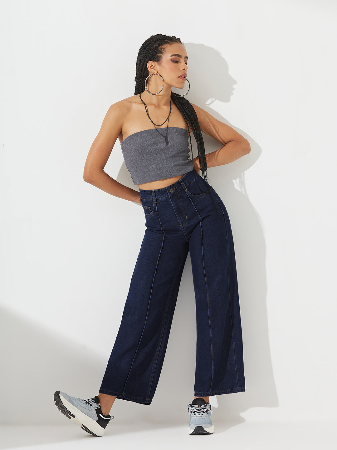 Navy Blue Wide-Leg High-Rise Non-stretchable Denim Jeans For Women