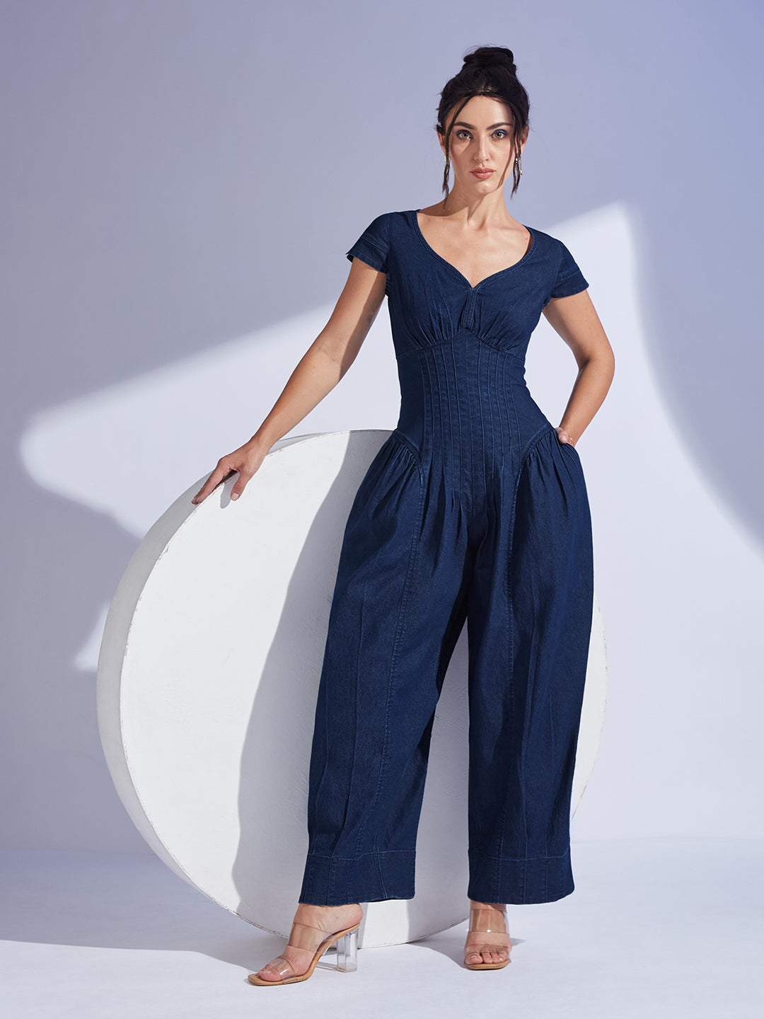 Women's Navy Blue Scoop Neck Cap Sleeve Pin Tucked Dhoti Style Denim Jumpsuit