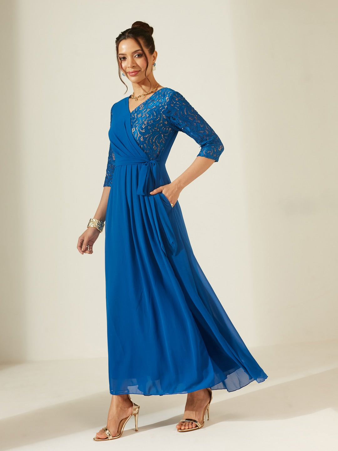 Royal Blue V-Neck 3/4 Sleeve Self-Designed Wrap-Styled Georgette Maxi Dress for Women