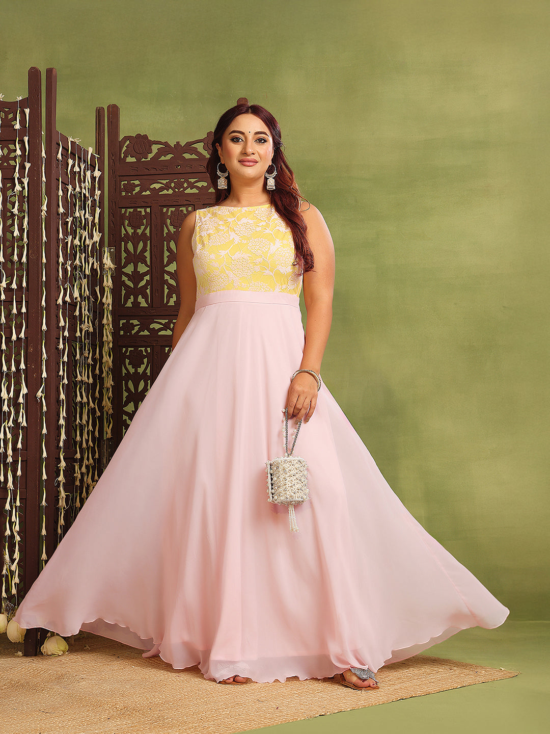 Women's Dusty Pink Boat Neck Sleeveless Self-Design Lace-Overlaid Georgette Maxi Dress