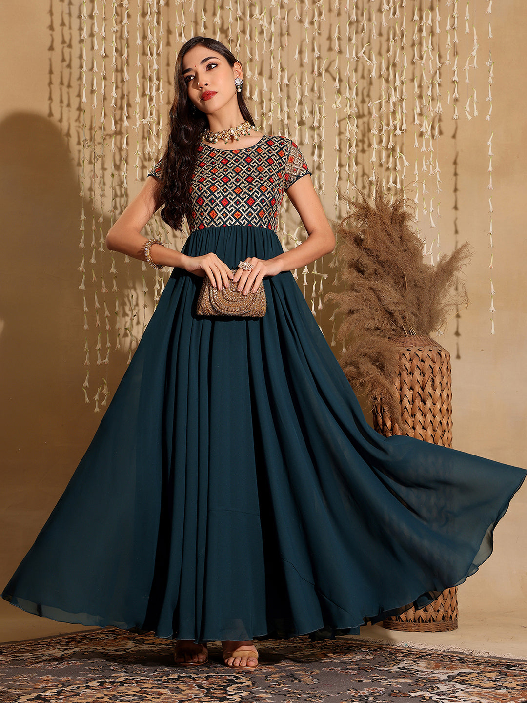Women's Multicolored-Base-Teal Round Neck Short Sleeve Embroidered Fit and Flared Georgette Maxi Dress