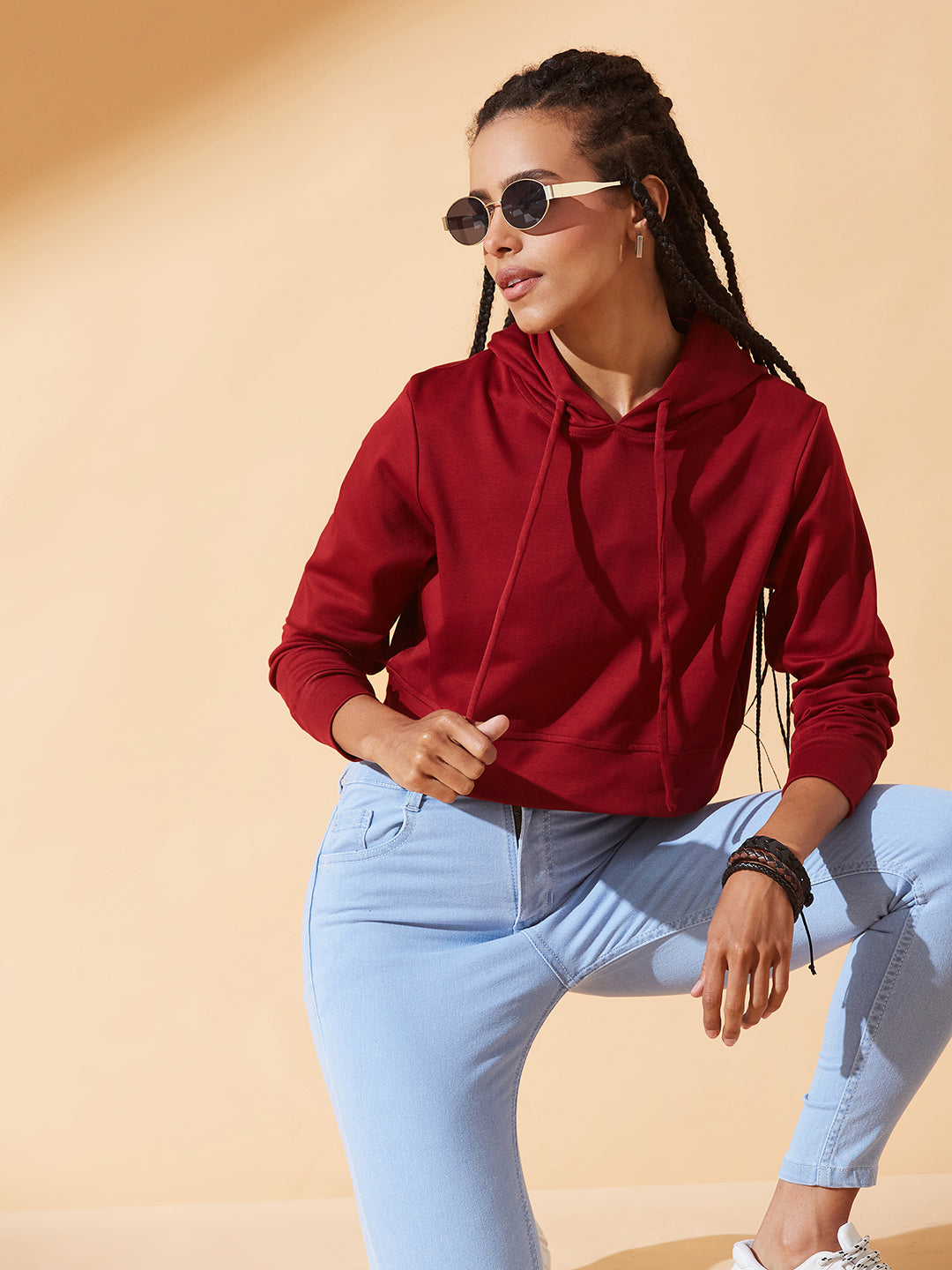 Maroon Solid Round Neck Full Sleeve Hooded Boxy Crop Sweatshirt for Women