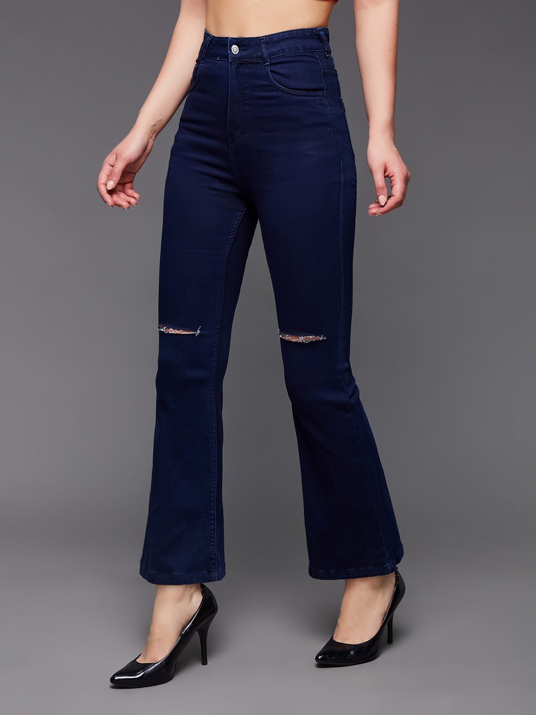 24/7 Comfort Navy-Blue Bell-Bottom Bootcut High-Rise Stretchable Denim Jeans for Women