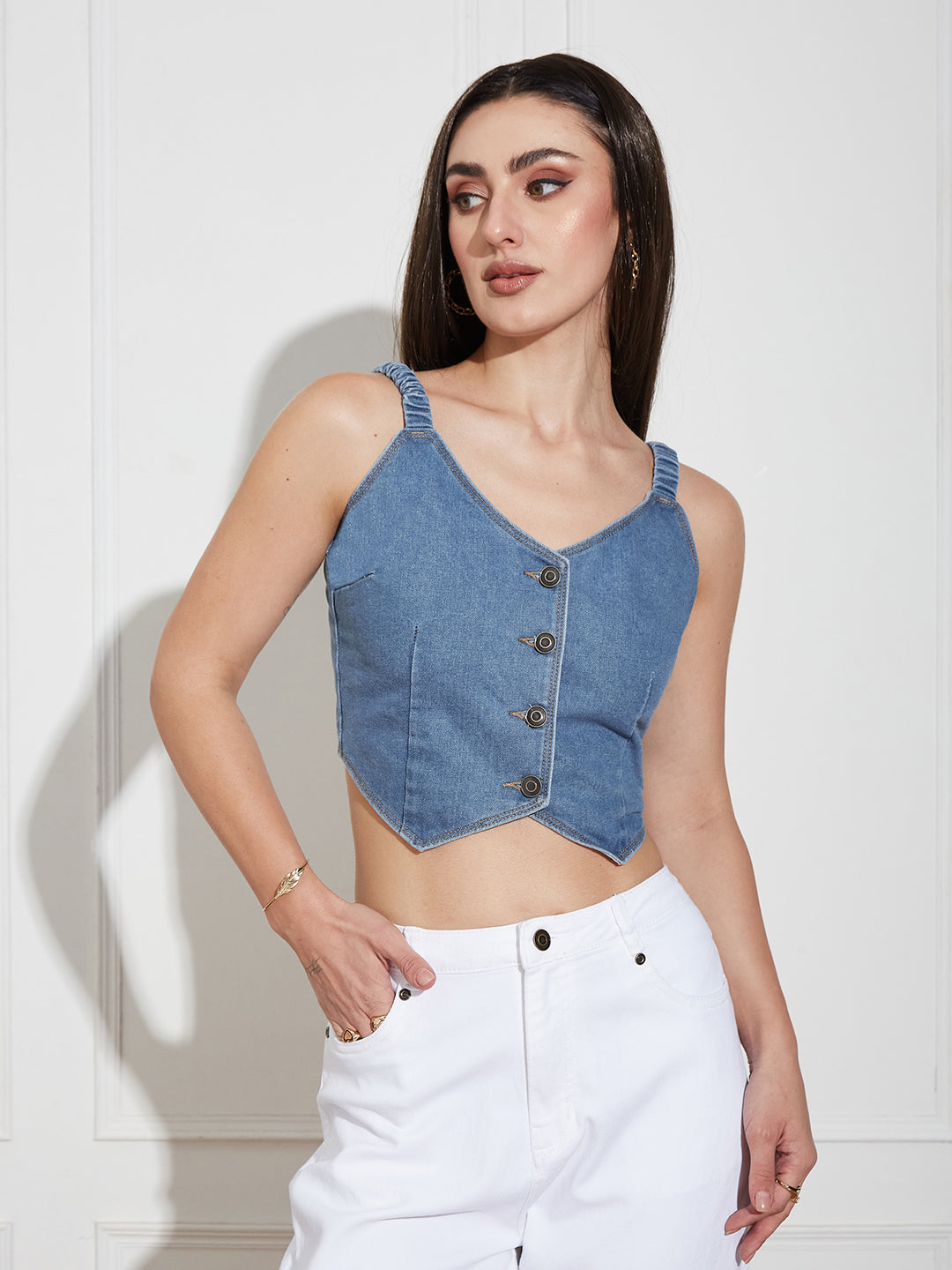 Womens Mid Blue V Neck Elasticated Straps Sleeve Solid Waistcoat-Styled Cropped Denim Top
