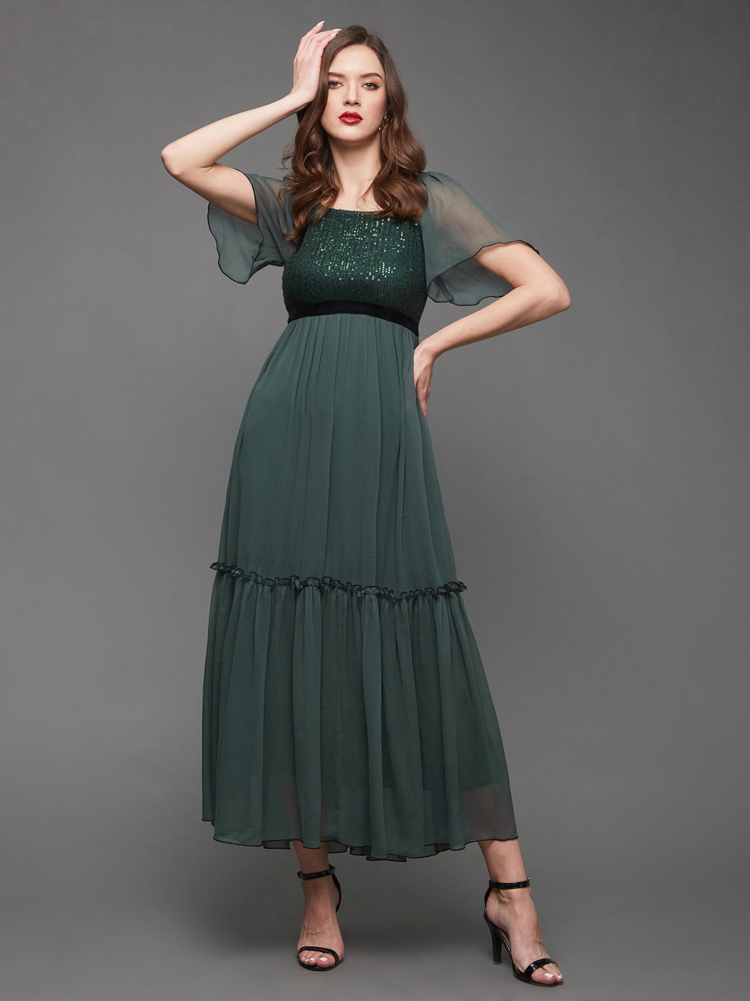 Women's Dark Green Embellished Square Neck Flared Sleeves Side Pocketed Chiffon Tiered Longline Dress