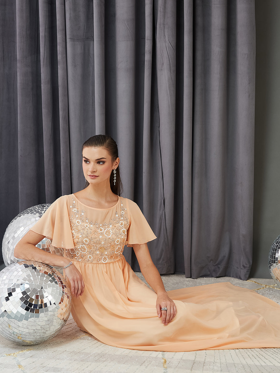 Women's Peach Boat Neck Half Sleeve Solid Embellished Georgette Maxi Dress