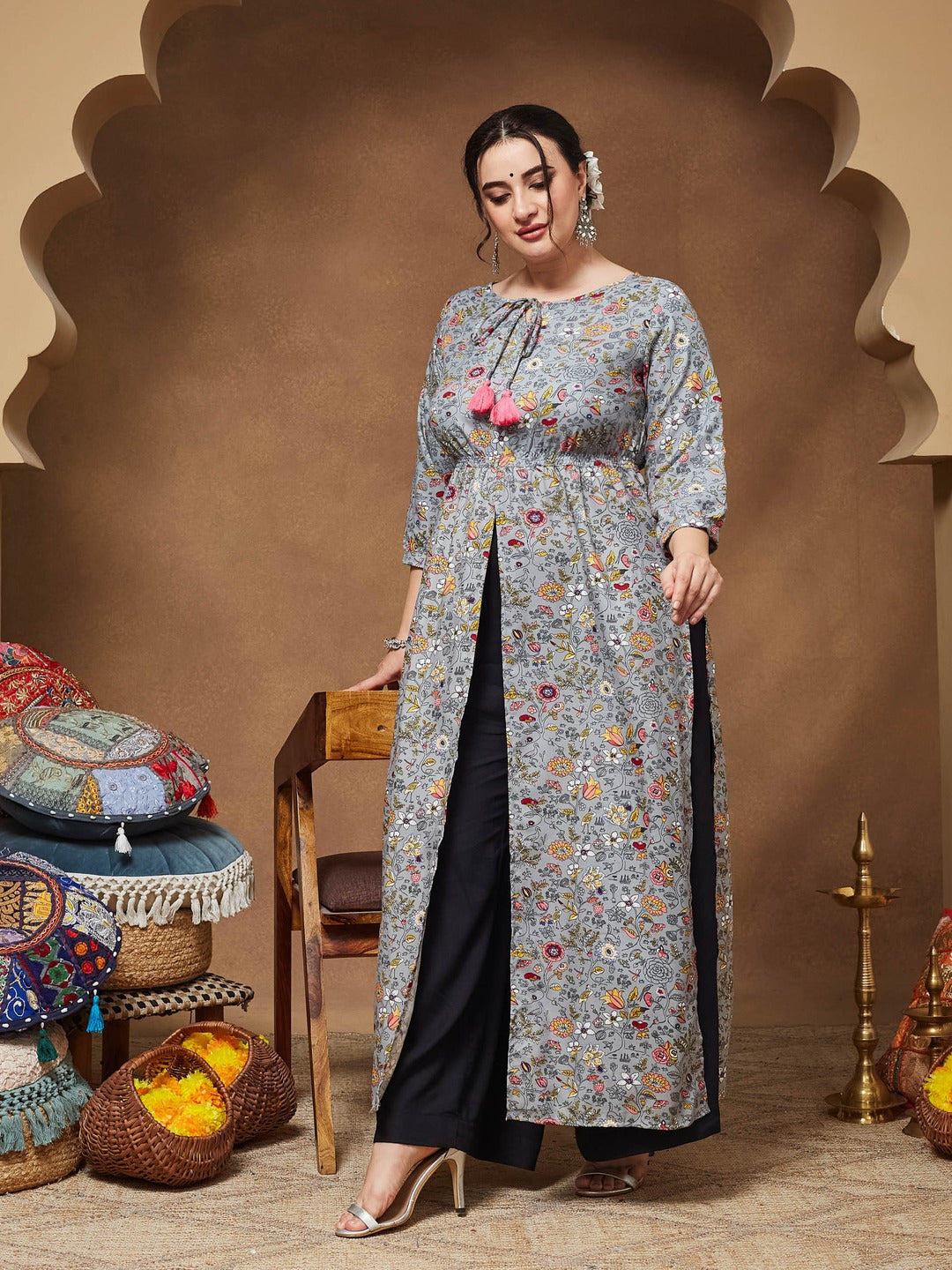 Grey Round neck 3/4th Sleeve Floral Elasticated Maxi Top for Women