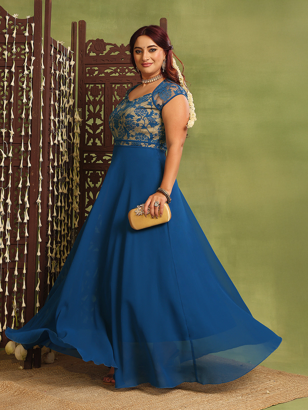 Women's Royal Blue Sweet-Heart Neck Cap-Sleeve Floral Fit & Flare Georgette Maxi Dress
