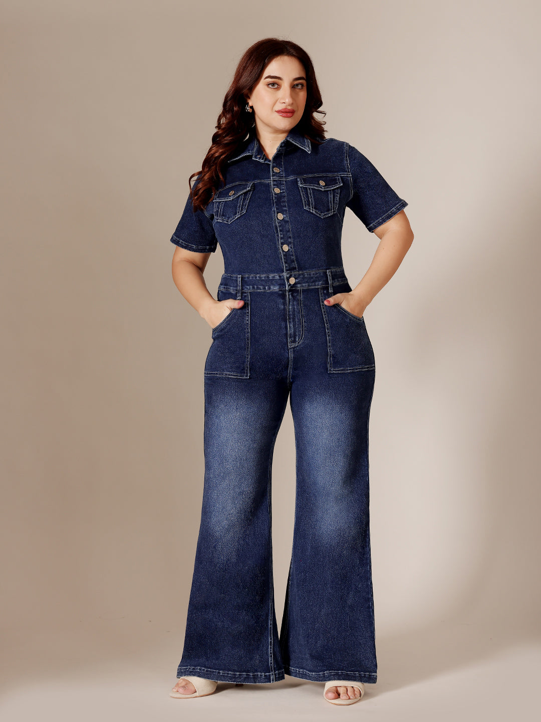 Navy-Blue Flared High-Rise Regular Stretchable Denim Jumpsuit for Women