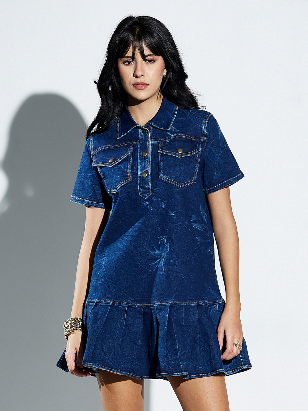 Navy Blue Collar Neck Half Sleeve Solid A-Line Mini Pleated Dress Mini Denim Dress For Women — Miss Chase