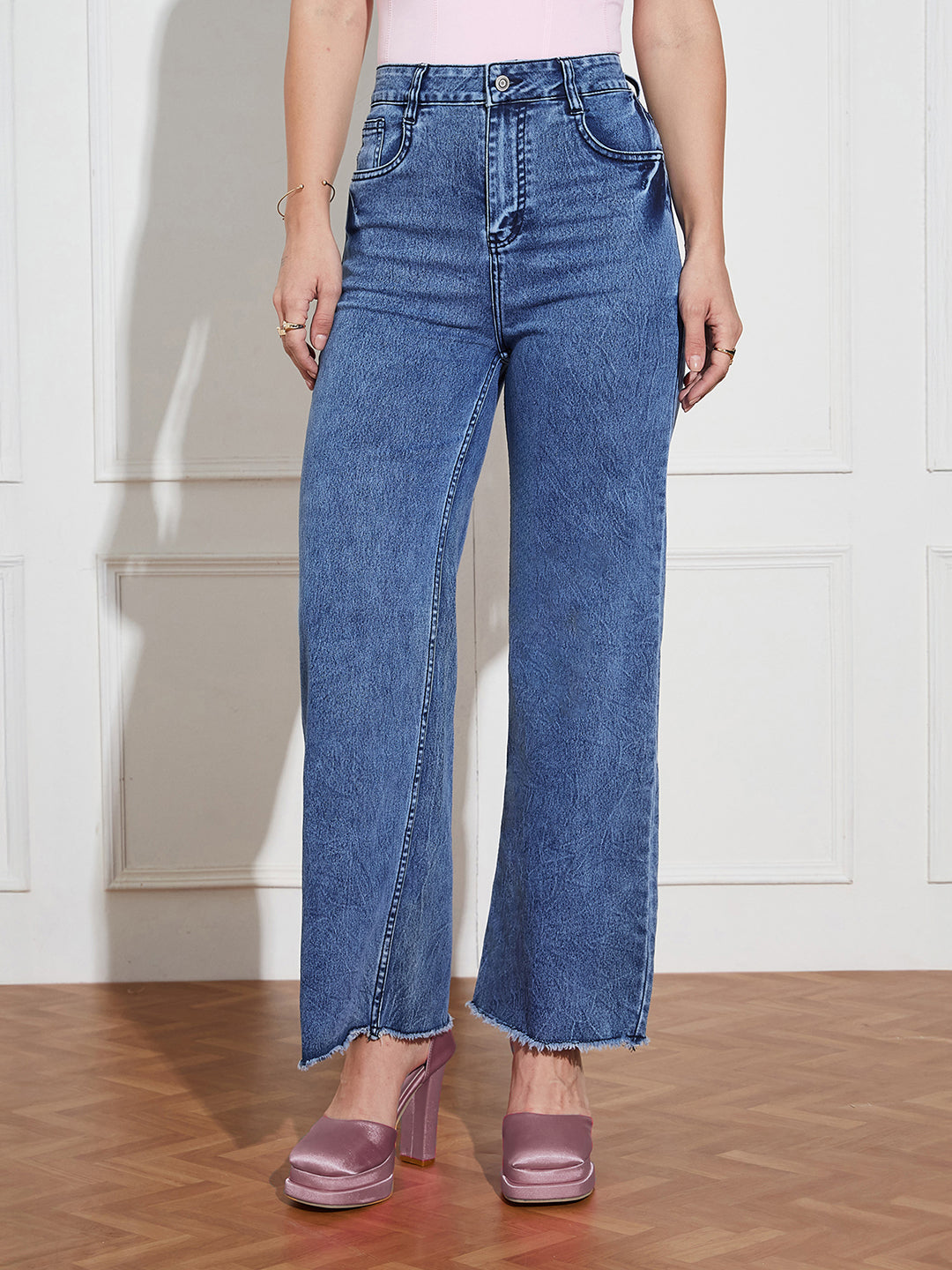 Women's Navy-Blue Wide-Leg High-Rise Clean-Look Stretchable Denim Jeans