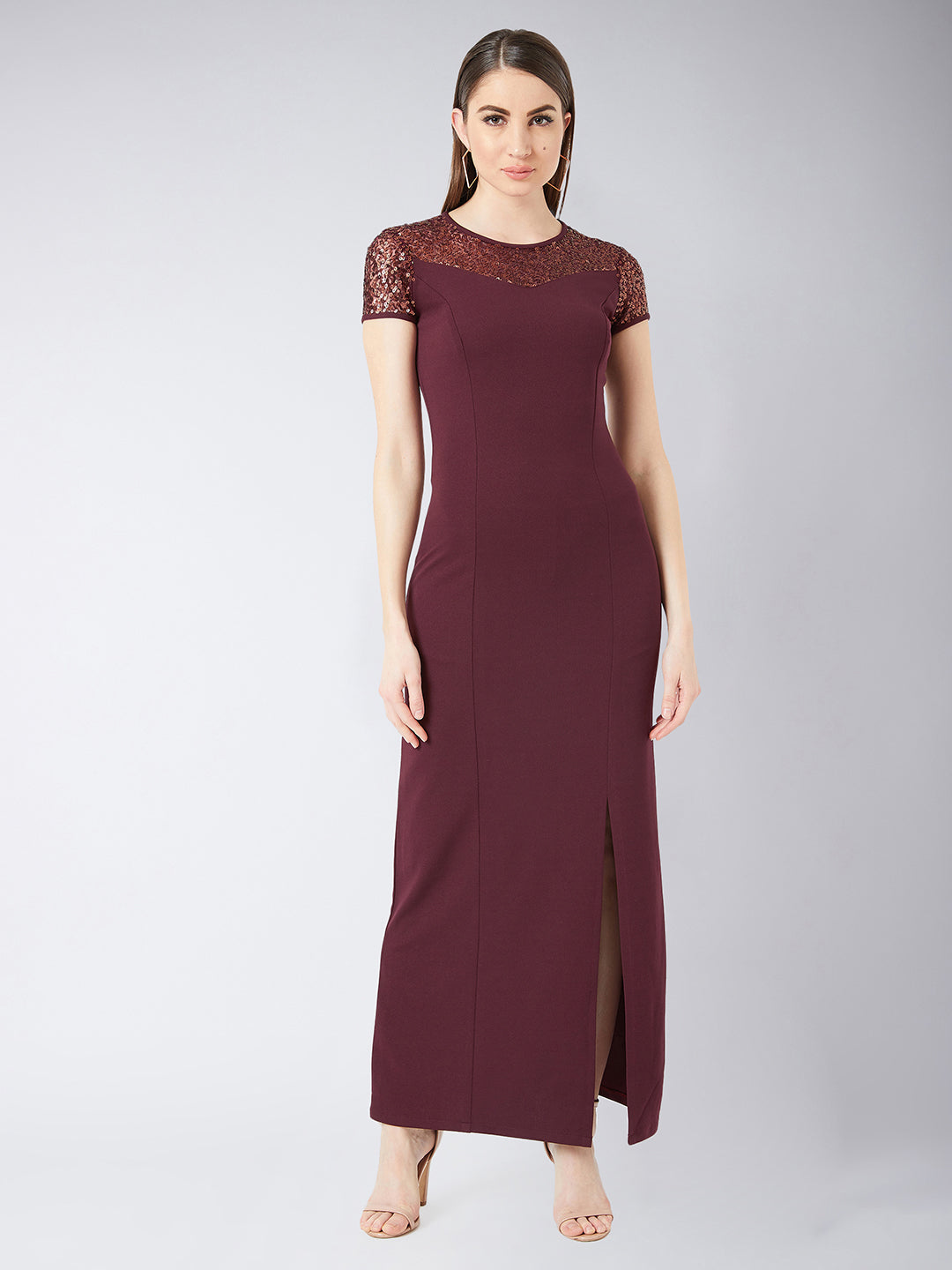 Crease Ease Women's Wine Red Round Neck Cap Sleeves Sequin Paneled Solid Bodycon Maxi Dress