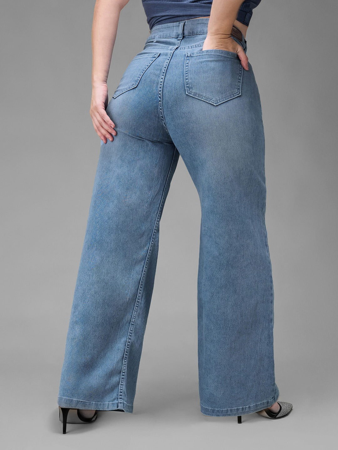 Light Blue Wide-Leg High Rise Stretchable Denim Jeans for Women